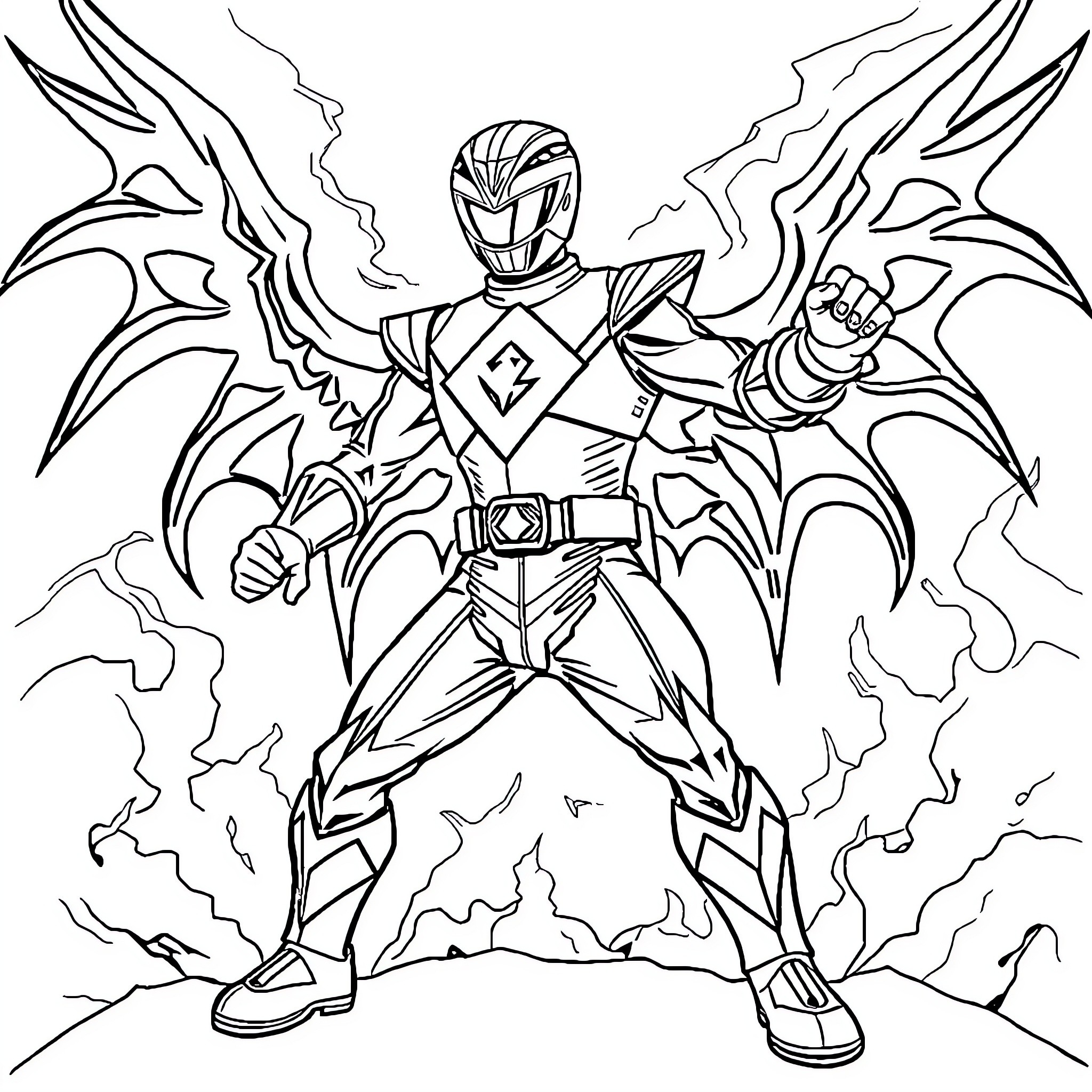 Power Ranger in Epic Battle Pose Coloring Page (free black-and-white line drawing printable PDF for all, from beginners to advanced learners, including children, teens, adults, and seniors)