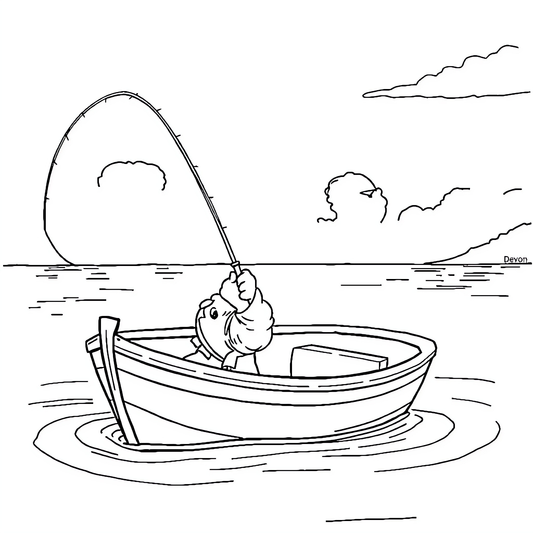 Boy fishing happily in small boat on lake Coloring Page (free black-and-white line drawing printable PDF for all, from beginners to advanced learners, including children, teens, adults, and seniors)