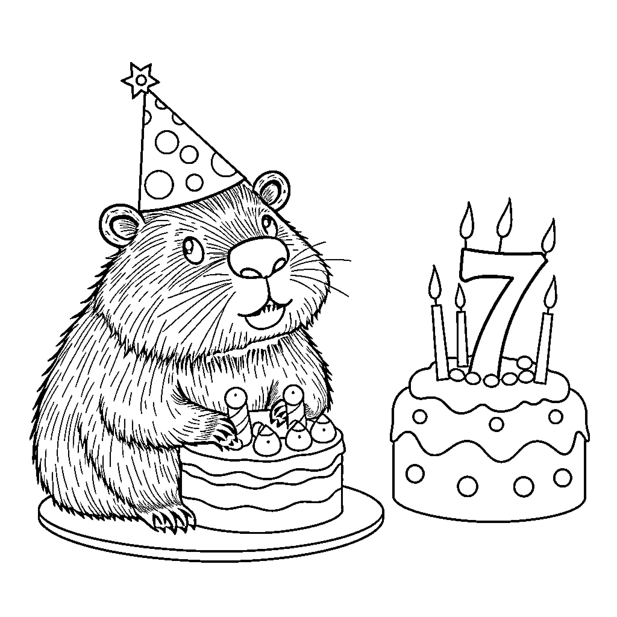 Capybara celebrating birthday with cake Coloring Page (free black-and-white line drawing printable PDF for all, from beginners to advanced learners, including children, teens, adults, and seniors)