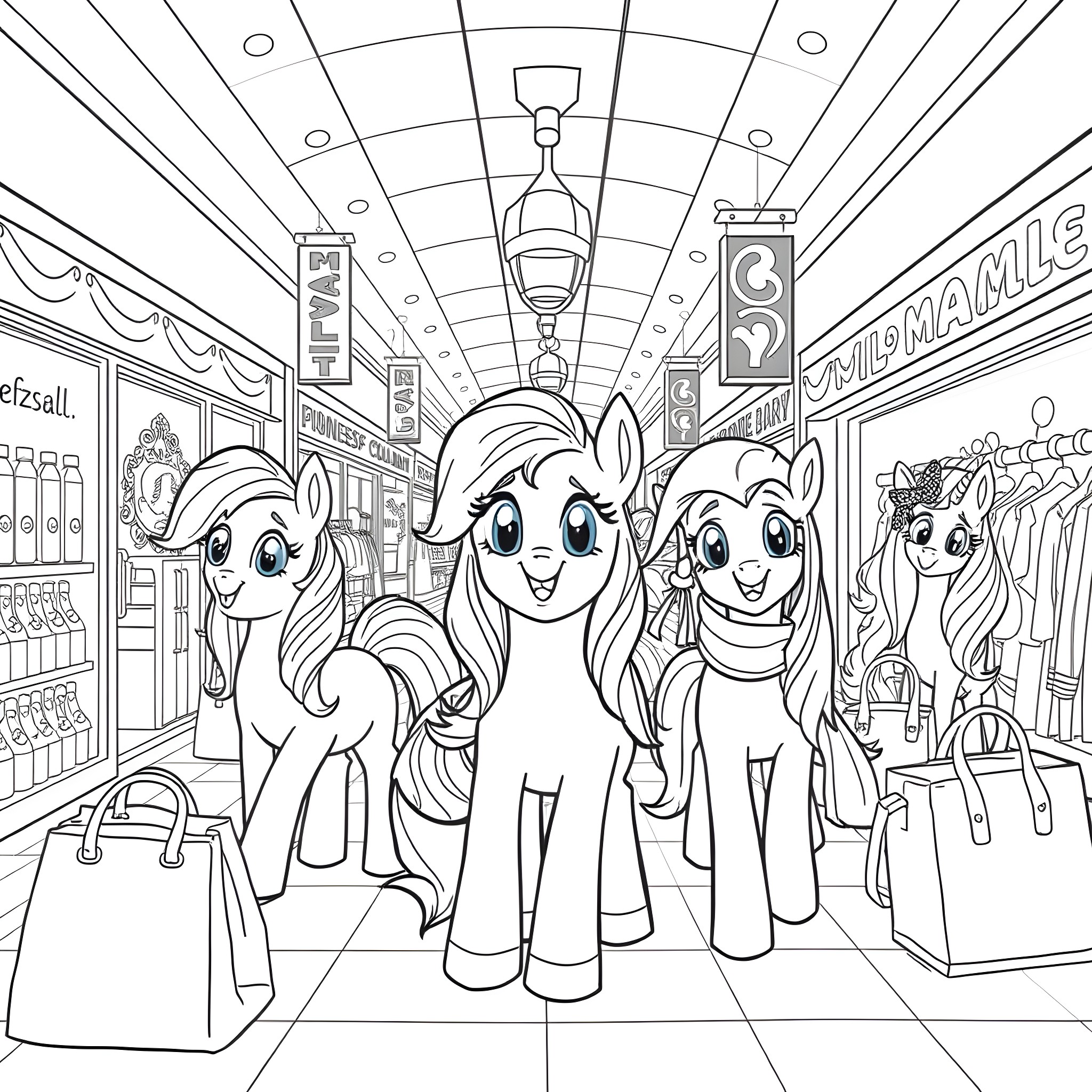 Pony characters shopping happily in a store Coloring Page (free black-and-white line drawing printable PDF for all, from beginners to advanced learners, including children, teens, adults, and seniors)