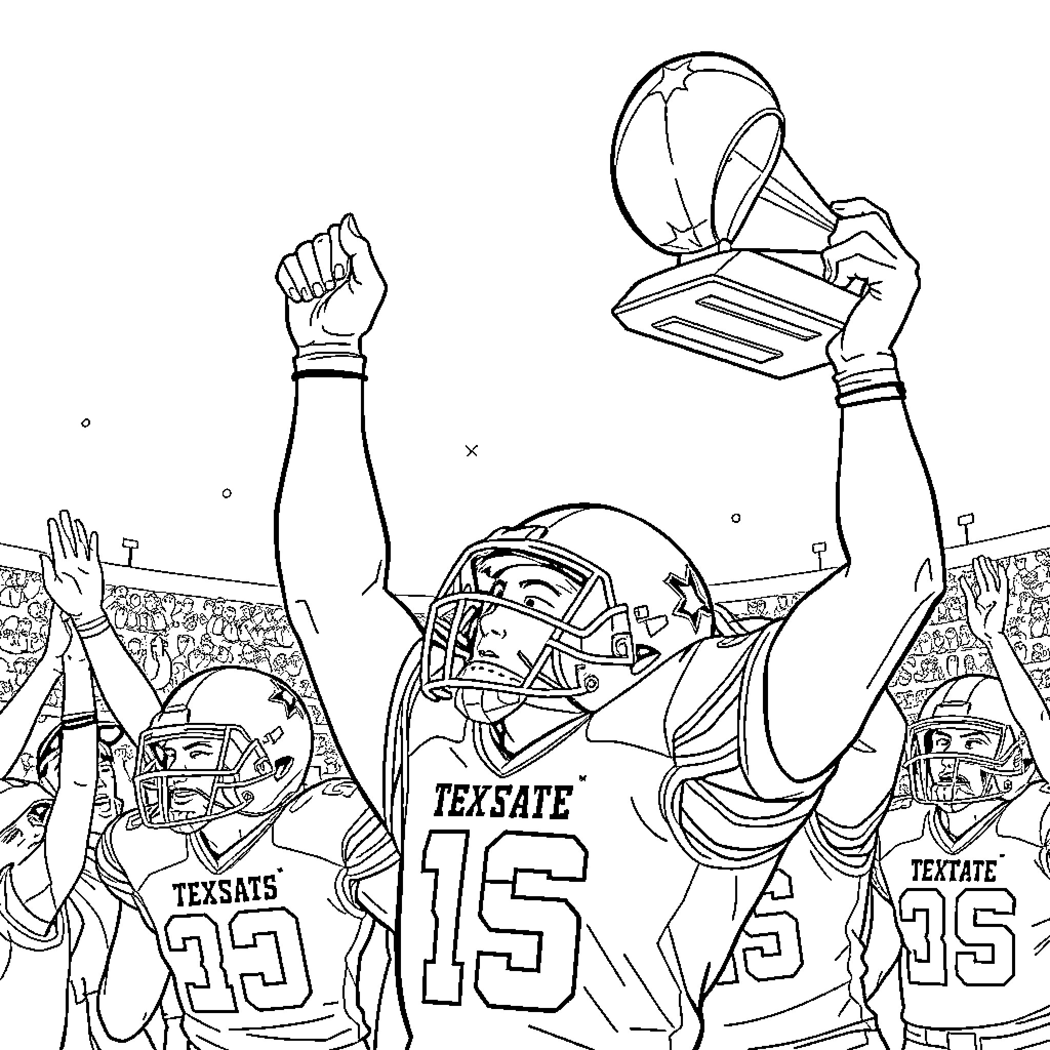 University sports team celebrating championship victory Coloring Page (free black-and-white line drawing printable PDF for all, from beginners to advanced learners, including children, teens, adults, and seniors)