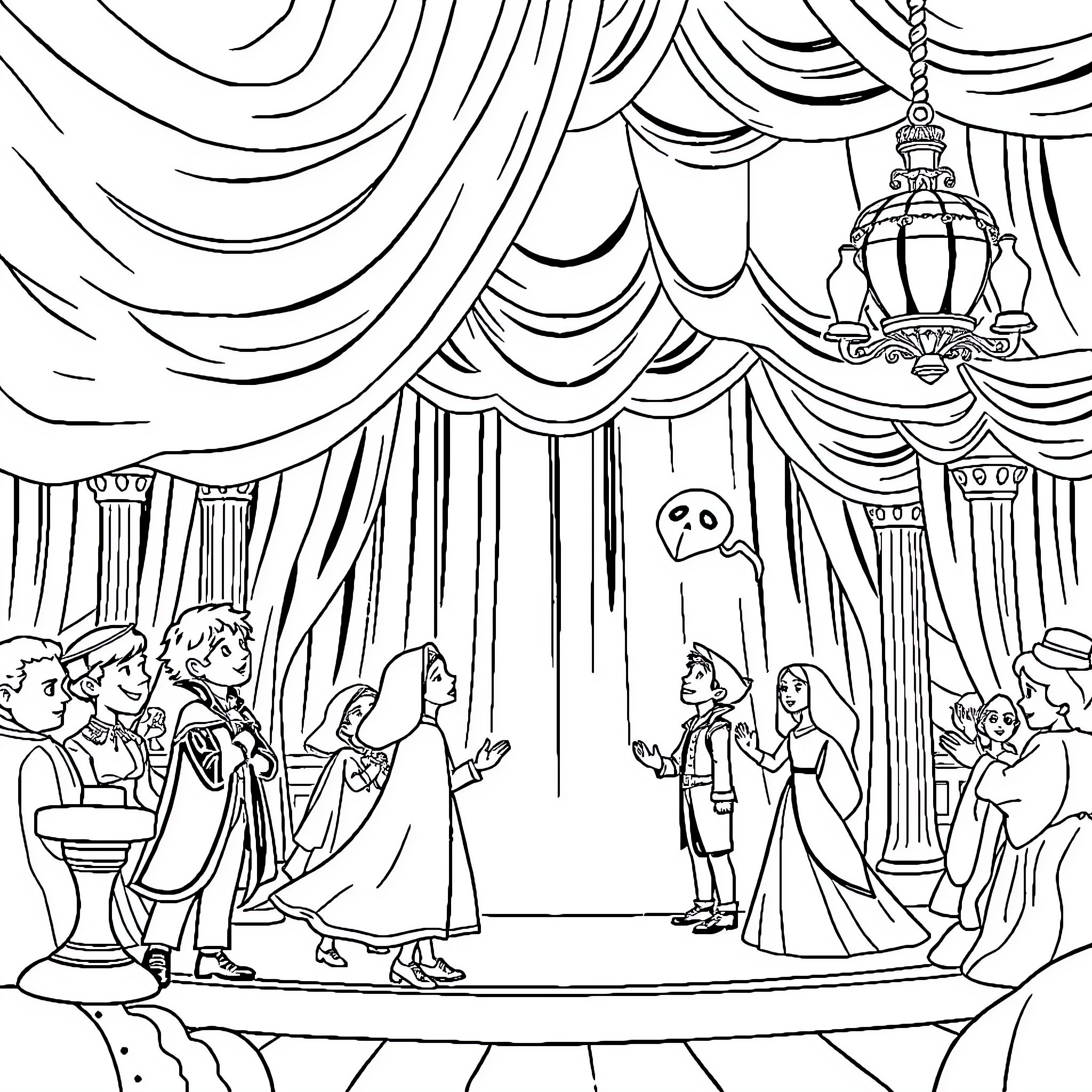 Phantom Theater Spectacle with Unsettling Apparition Coloring Page (free black-and-white line drawing printable PDF for all, from beginners to advanced learners, including children, teens, adults, and seniors)