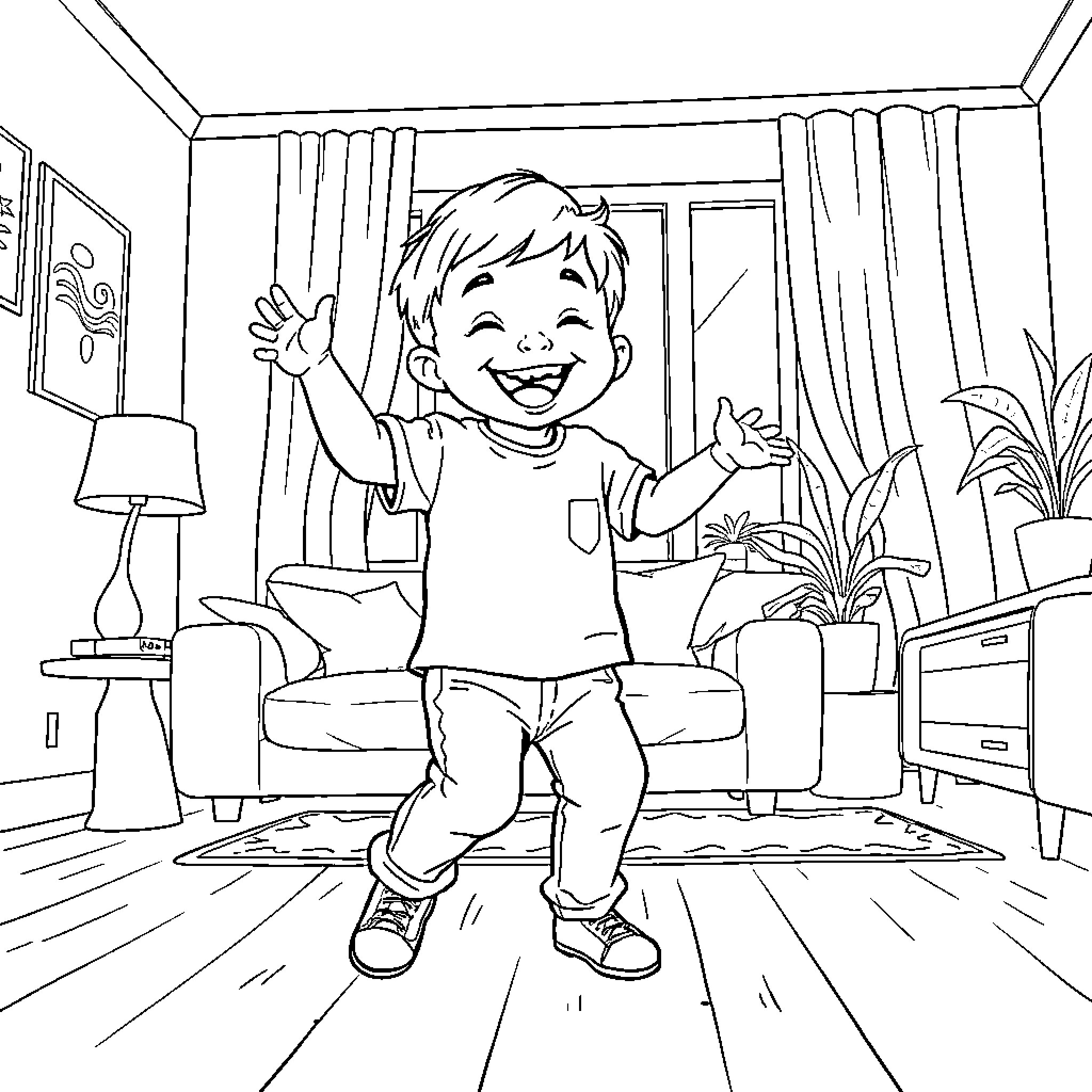Kid playing joyfully in living room Coloring Page (free black-and-white line drawing printable PDF for all, from beginners to advanced learners, including children, teens, adults, and seniors)