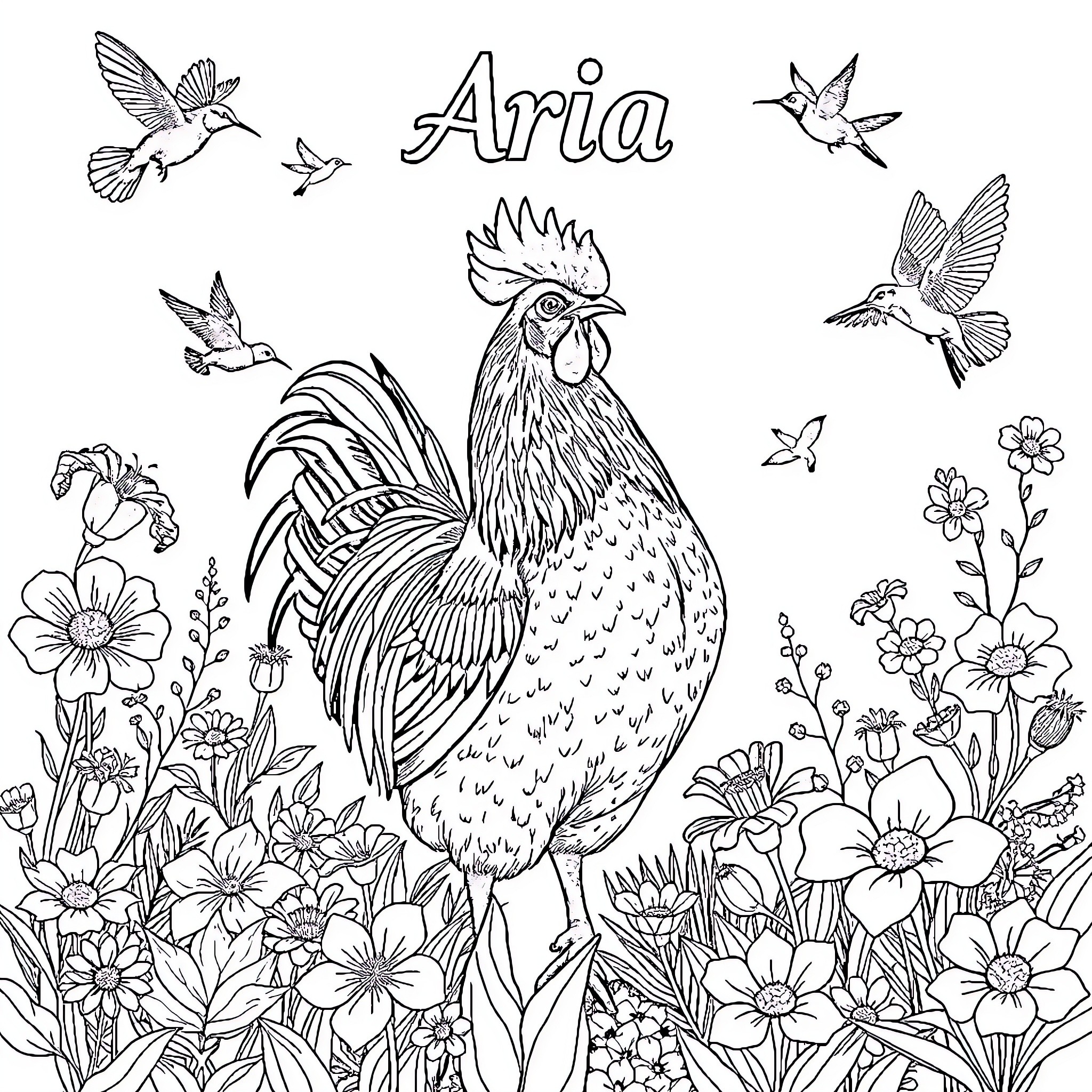Chicken surrounded by beautiful flowers and hummingbirds Coloring Page (free black-and-white line drawing printable PDF for all, from beginners to advanced learners, including children, teens, adults, and seniors)