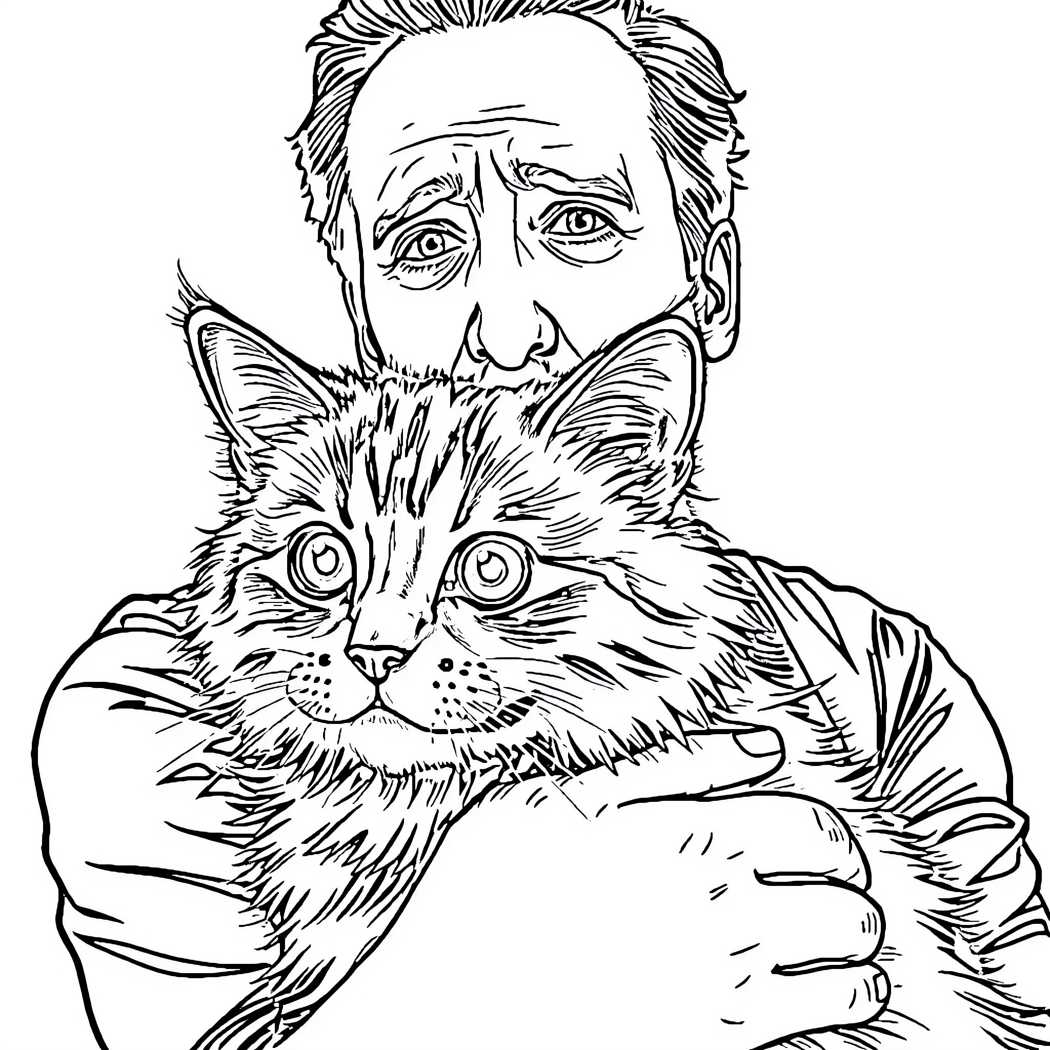 Nicolas Cage holding a playful cat Coloring Page (free black-and-white line drawing printable PDF for all, from beginners to advanced learners, including children, teens, adults, and seniors)