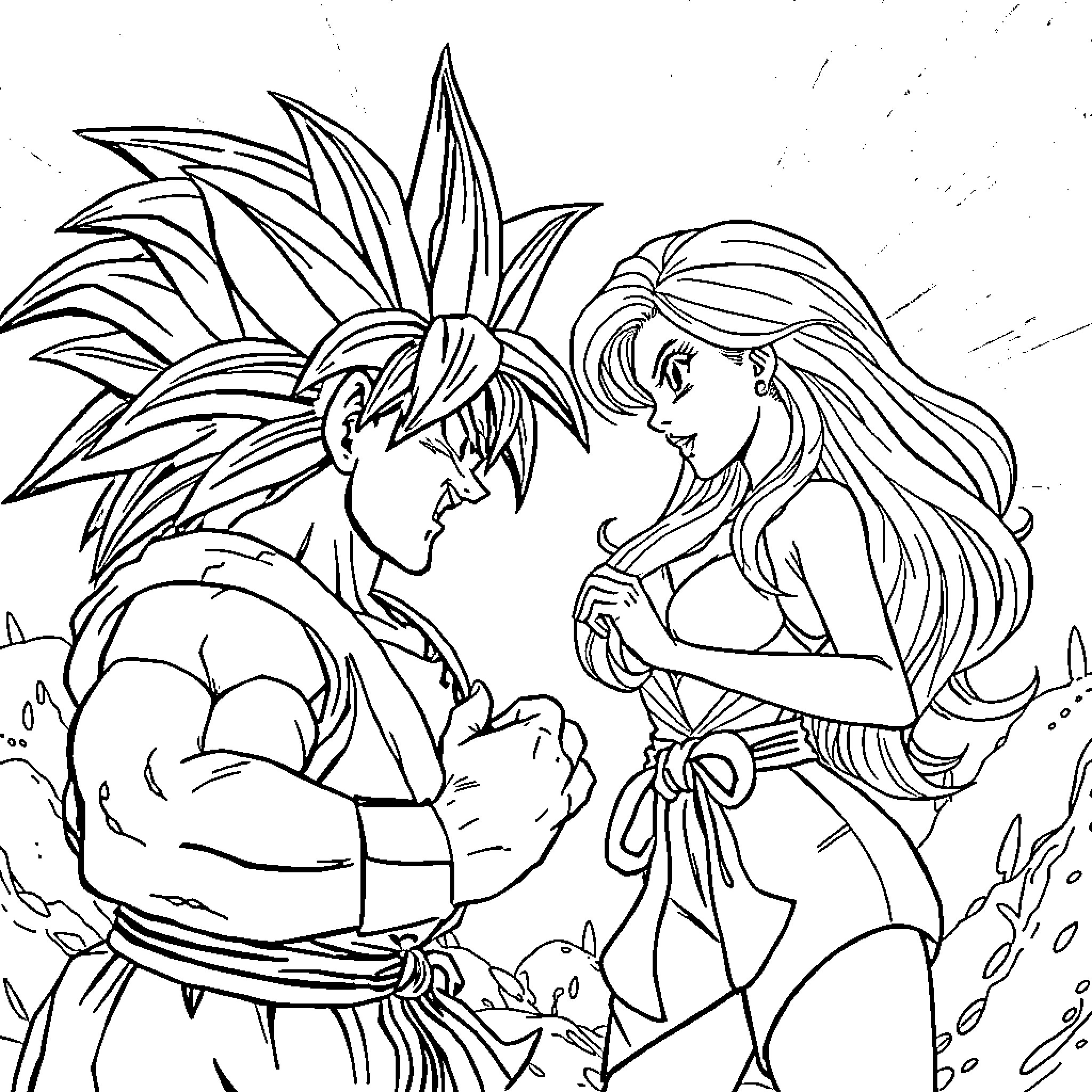 Barbie and Ken in a fantasy jungle scene Coloring Page (free black-and-white line drawing printable PDF for all, from beginners to advanced learners, including children, teens, adults, and seniors)