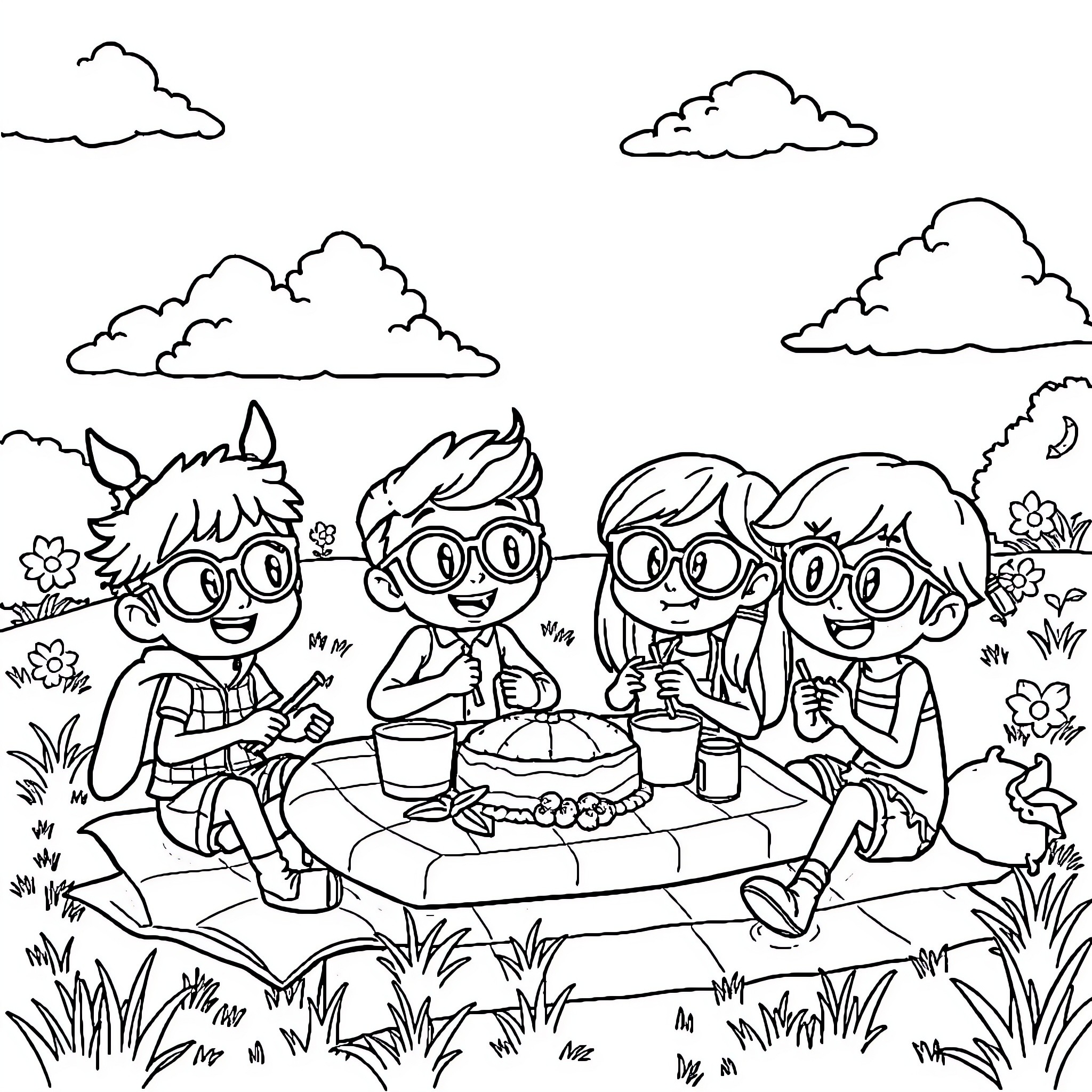 Pop Team Epic enjoying a picnic in the park Coloring Page (free black-and-white line drawing printable PDF for all, from beginners to advanced learners, including children, teens, adults, and seniors)