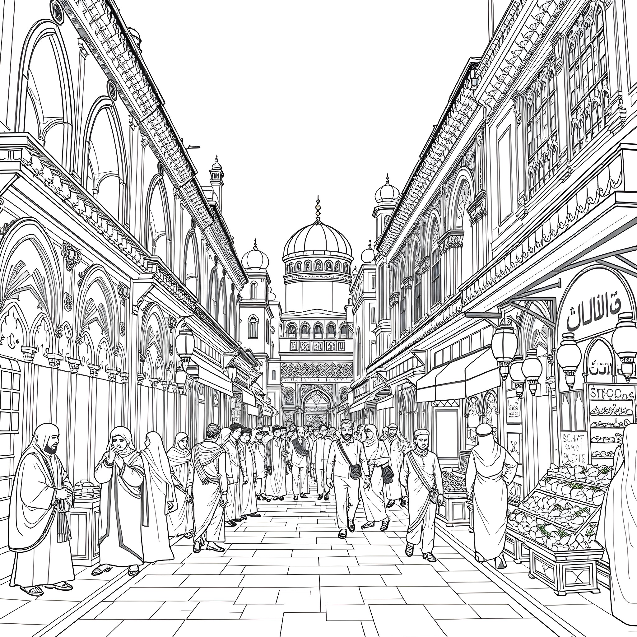 Life in a Vibrant Middle Eastern Marketplace Coloring Page (free black-and-white line drawing printable PDF for all, from beginners to advanced learners, including children, teens, adults, and seniors)
