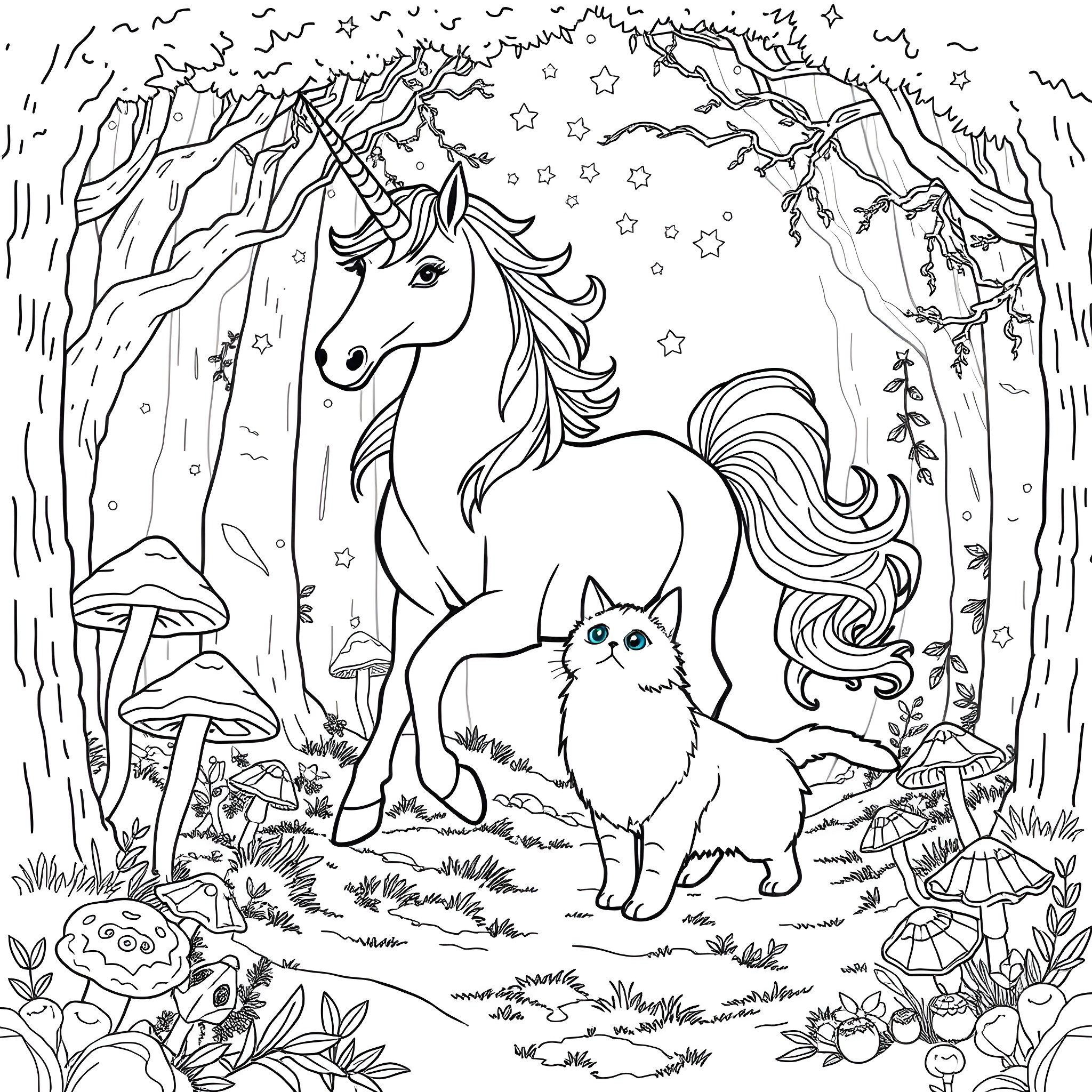 Unicorn and its feline companion in a magical forest Coloring Page (free black-and-white line drawing printable PDF for all, from beginners to advanced learners, including children, teens, adults, and seniors)