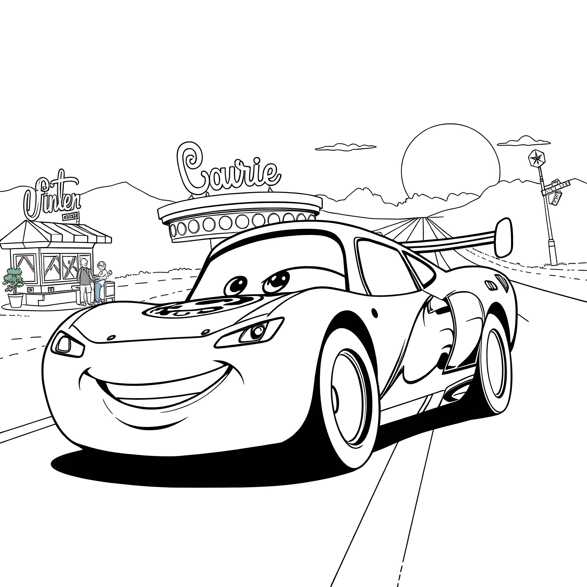 McQueen's Colorful Racing Adventure Coloring Page (free black-and-white line drawing printable PDF for all, from beginners to advanced learners, including children, teens, adults, and seniors)