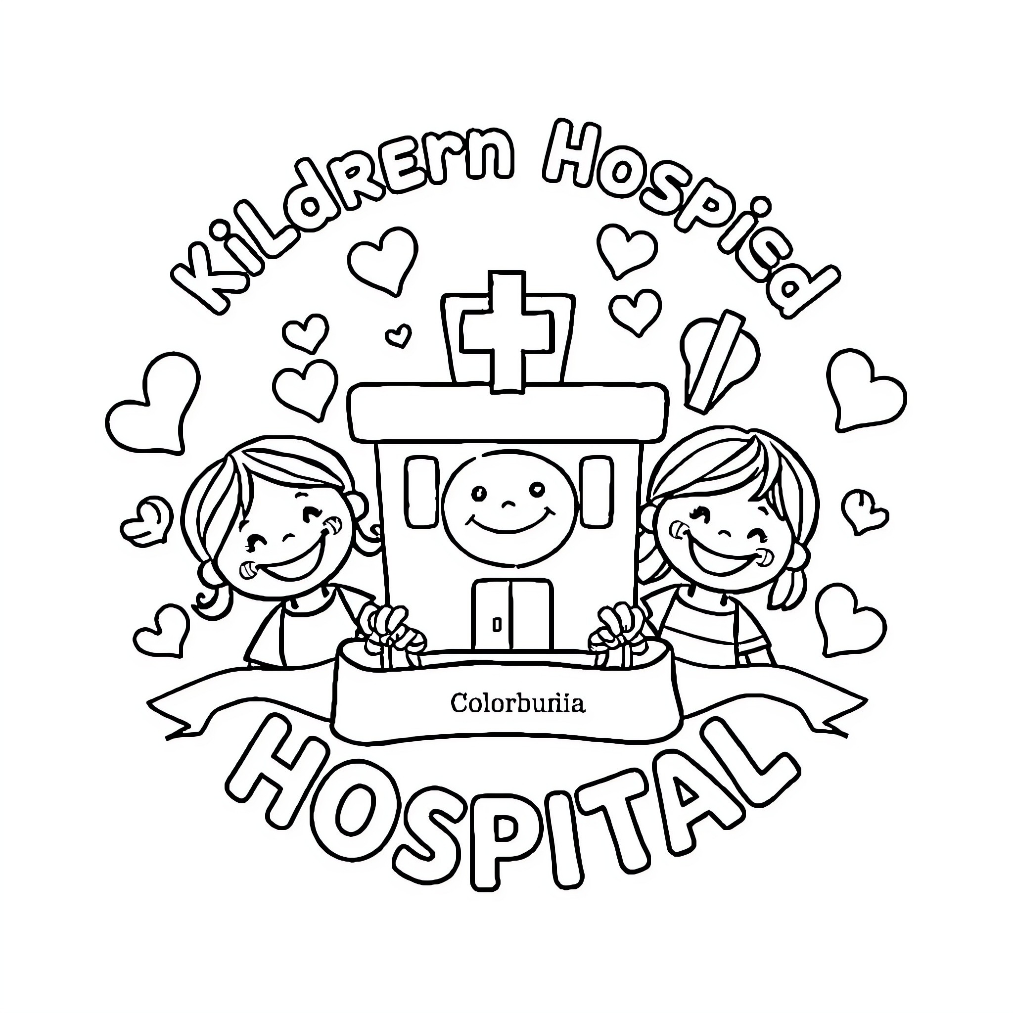 Hospital with Kids in Cartoon Style Coloring Page (free black-and-white line drawing printable PDF for all, from beginners to advanced learners, including children, teens, adults, and seniors)