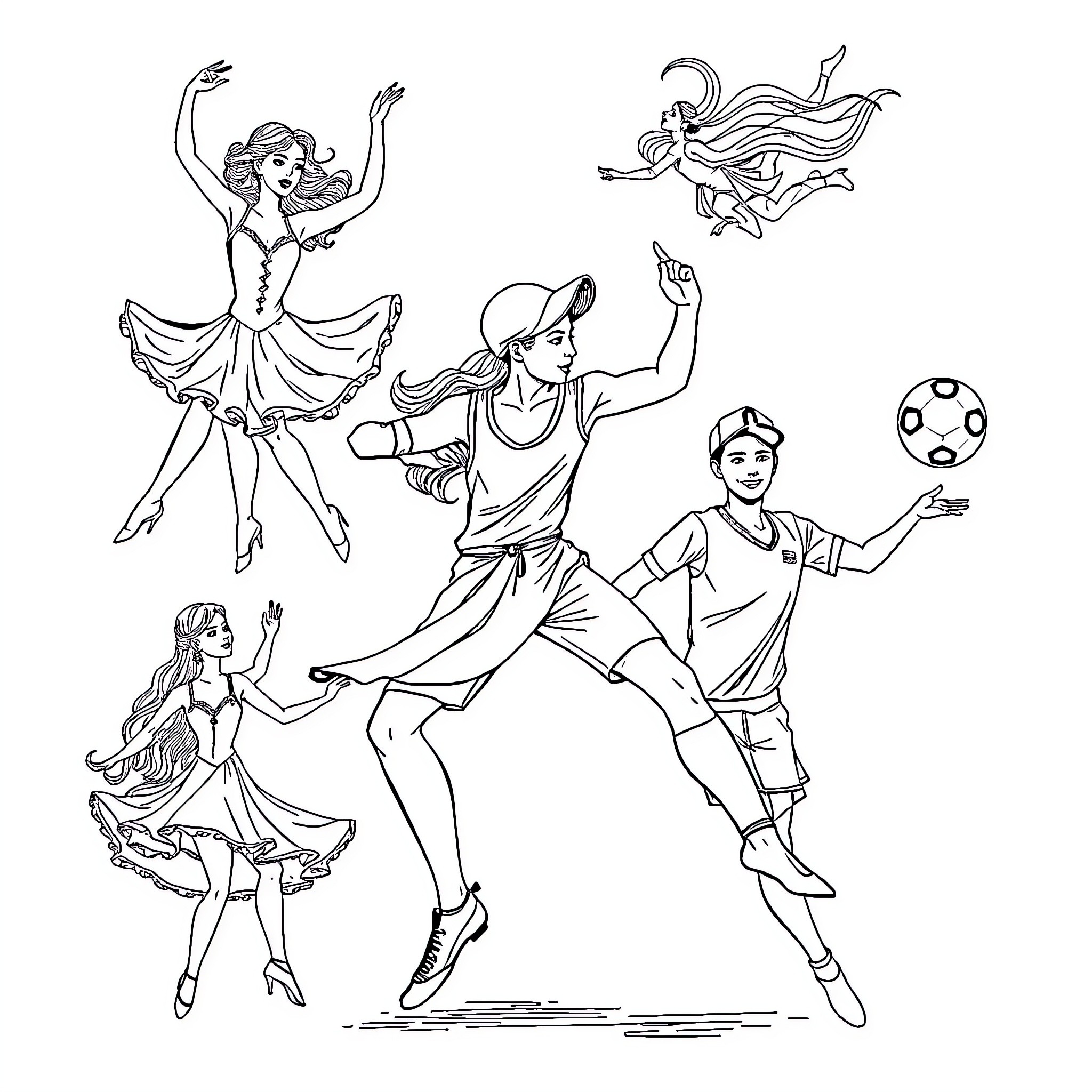 Dancers in dynamic poses and costumes Coloring Page (free black-and-white line drawing printable PDF for all, from beginners to advanced learners, including children, teens, adults, and seniors)