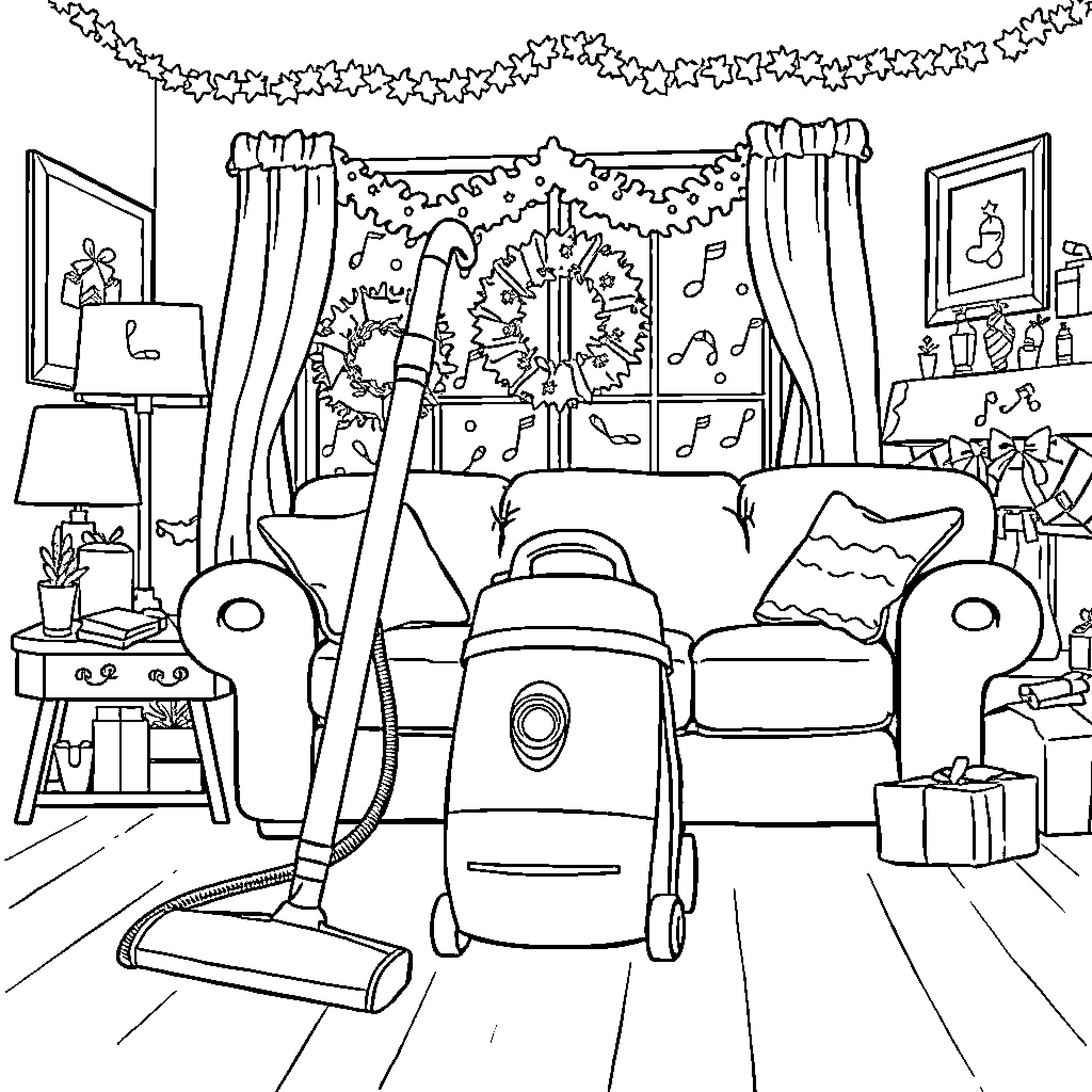 Vacuum Cleaning in a Cozy Home Coloring Page (free black-and-white line drawing printable PDF for all, from beginners to advanced learners, including children, teens, adults, and seniors)