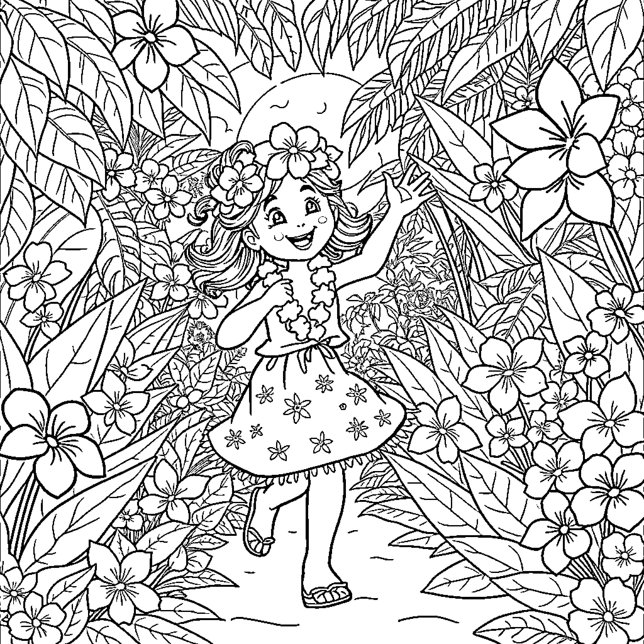 Girl in a Flower-Filled Garden Coloring Page (free black-and-white line drawing printable PDF for all, from beginners to advanced learners, including children, teens, adults, and seniors)