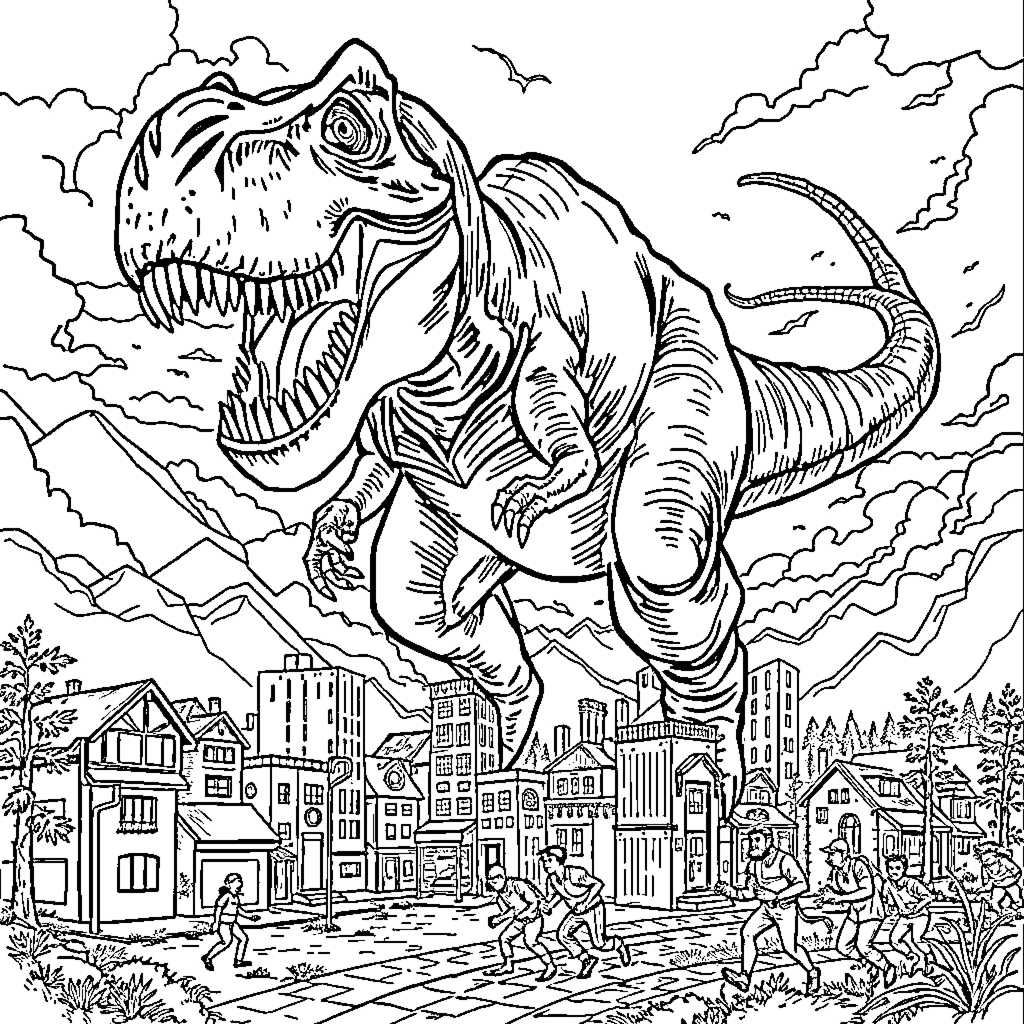 T-Rex Stomping Through the City Coloring Page (free black-and-white line drawing printable PDF for all, from beginners to advanced learners, including children, teens, adults, and seniors)
