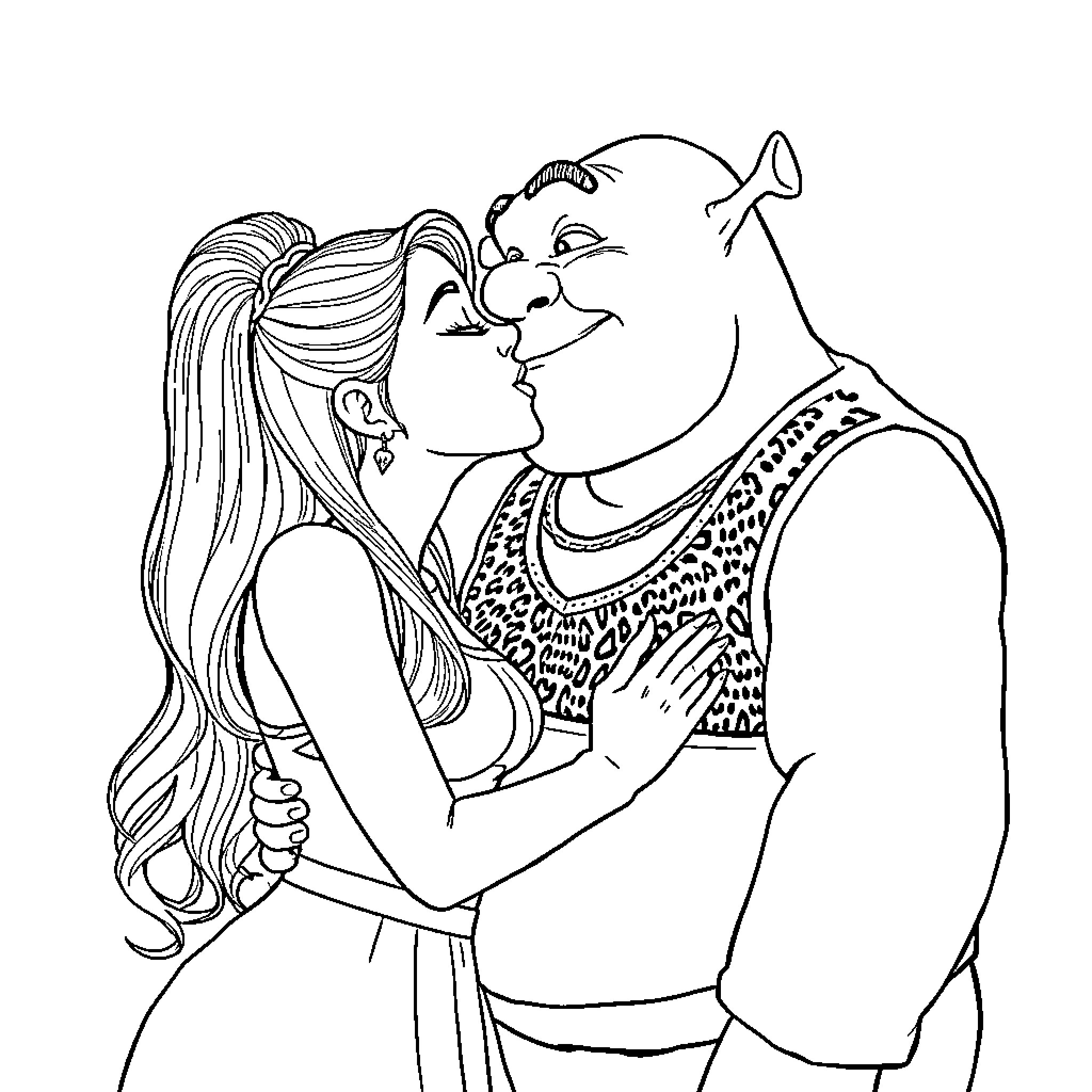 Ariana Grande embracing the Shrek character in an intimate moment Coloring Page (free black-and-white line drawing printable PDF for all, from beginners to advanced learners, including children, teens, adults, and seniors)