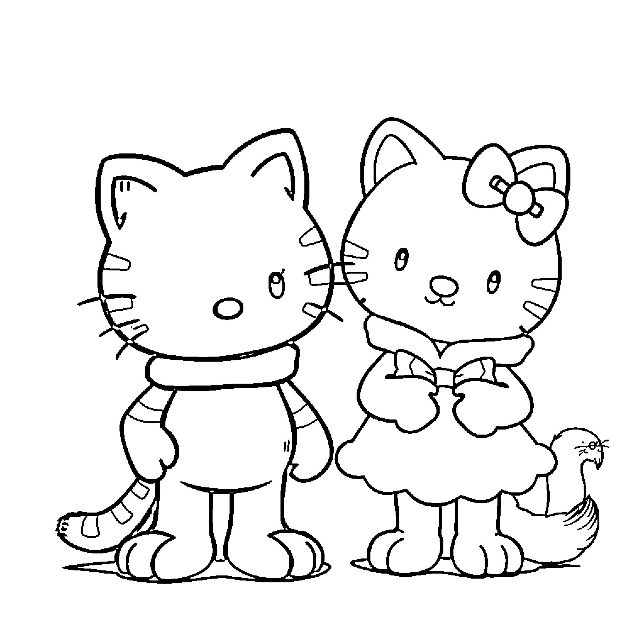 Hello Kitty cats in playful poses Coloring Page (free black-and-white line drawing printable PDF for all, from beginners to advanced learners, including children, teens, adults, and seniors)