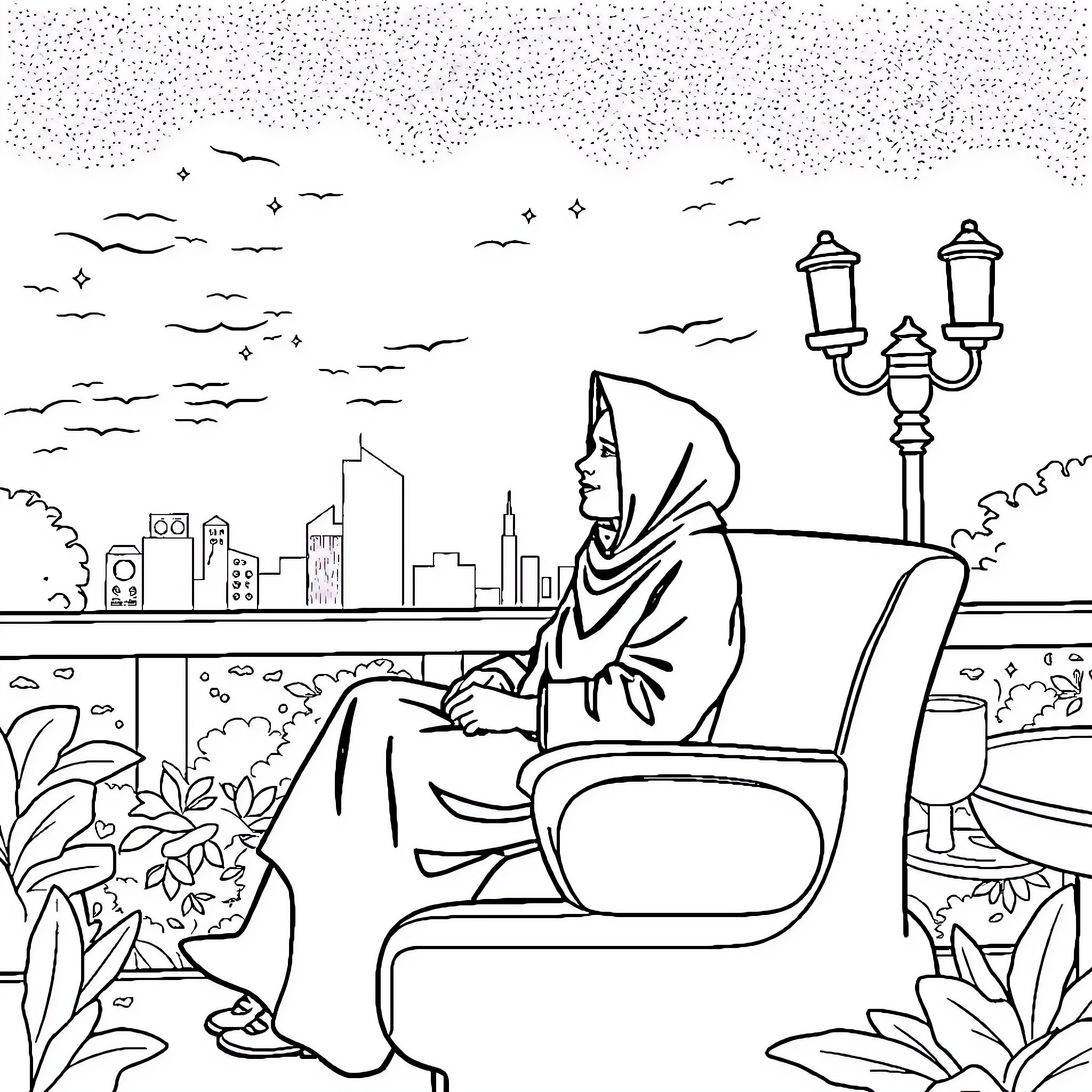 Pemuda relaxing on balcony overlooking city skyline Coloring Page (free black-and-white line drawing printable PDF for all, from beginners to advanced learners, including children, teens, adults, and seniors)