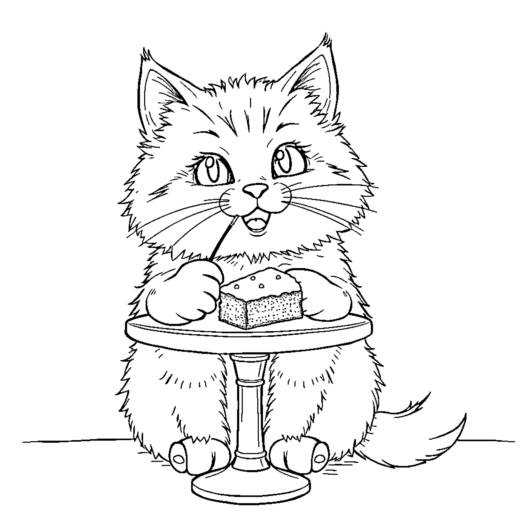 Cat enjoying a tasty treat on a stool Coloring Page (free black-and-white line drawing printable PDF for all, from beginners to advanced learners, including children, teens, adults, and seniors)