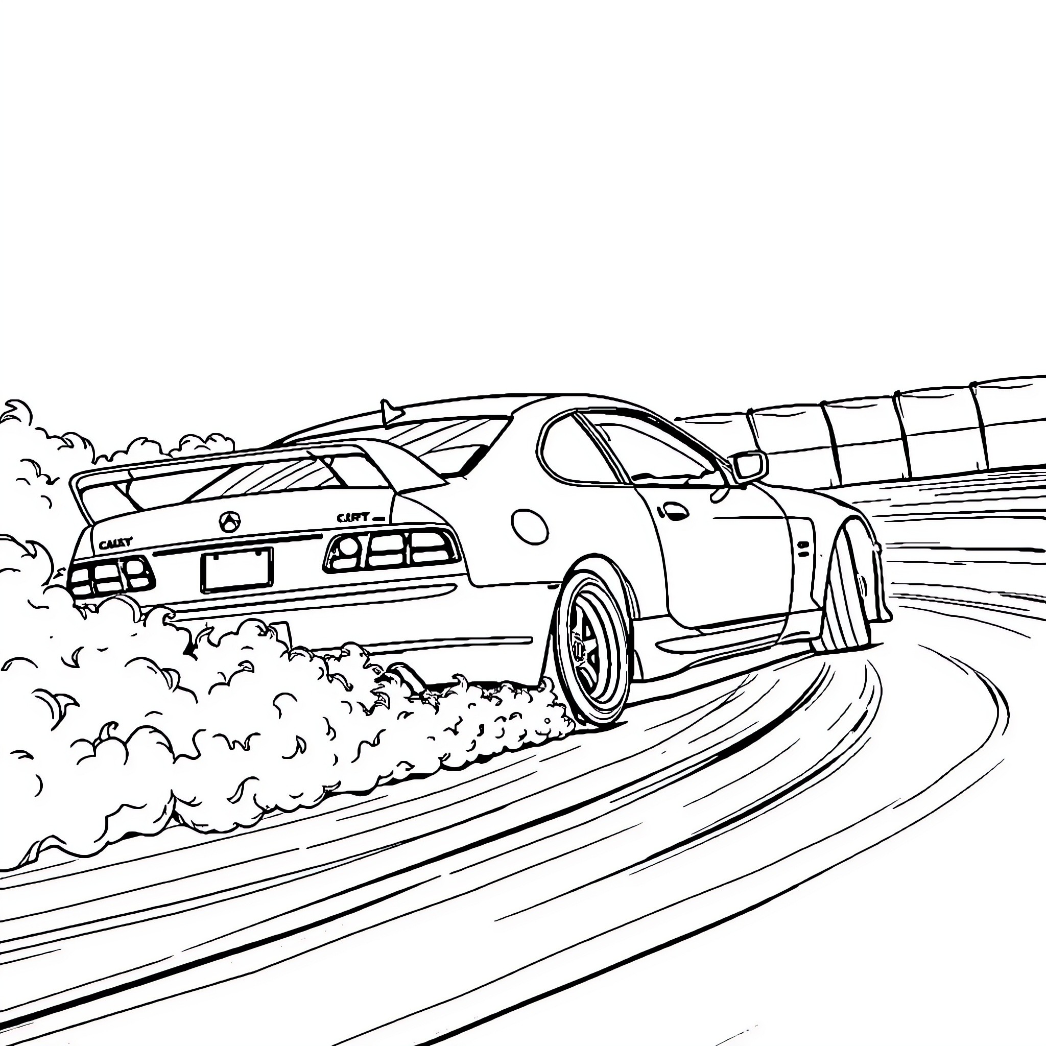 Car racing speedily on winding road Coloring Page (free black-and-white line drawing printable PDF for all, from beginners to advanced learners, including children, teens, adults, and seniors)