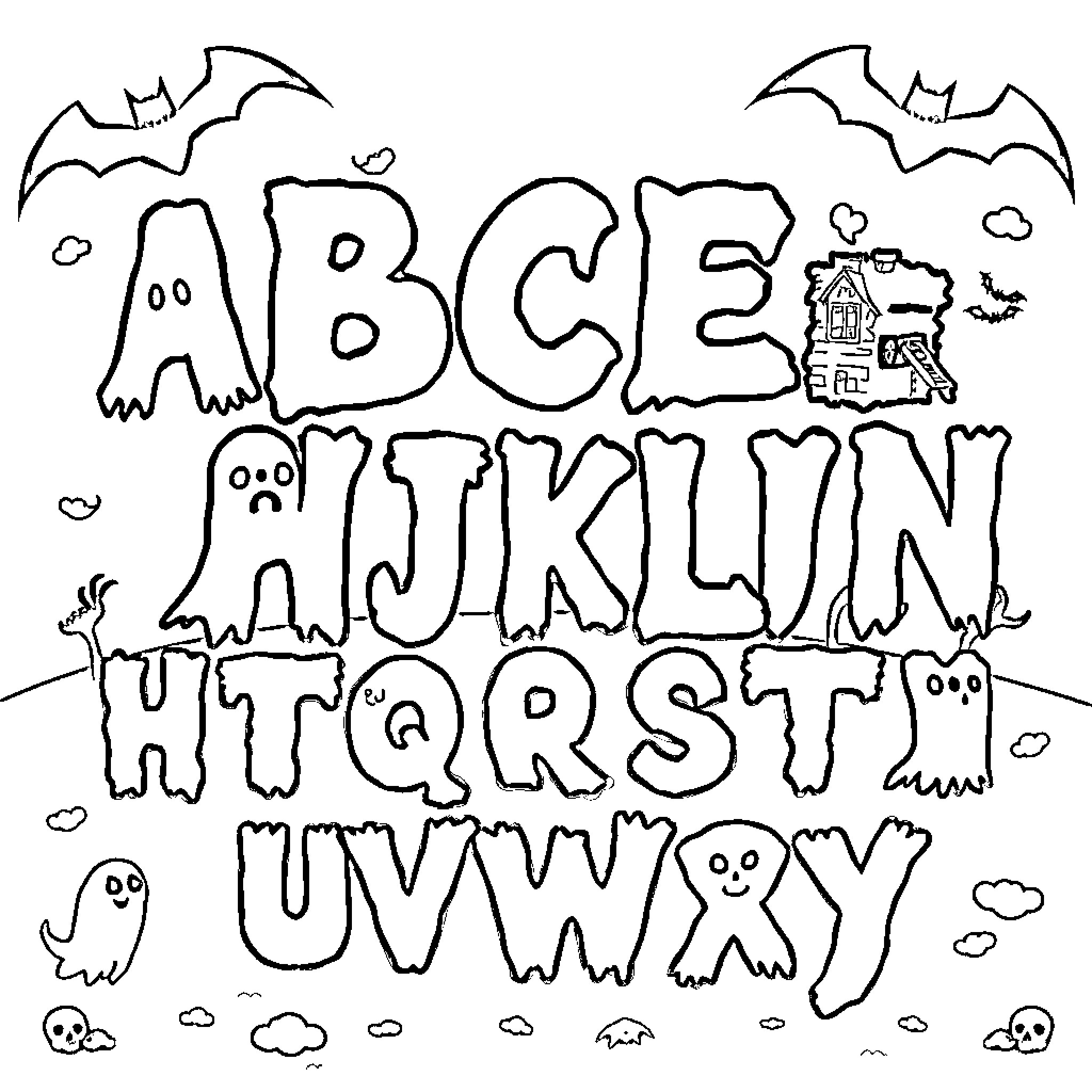 Alphabet Halloween Themed Illustration Coloring Page (free black-and-white line drawing printable PDF for all, from beginners to advanced learners, including children, teens, adults, and seniors)