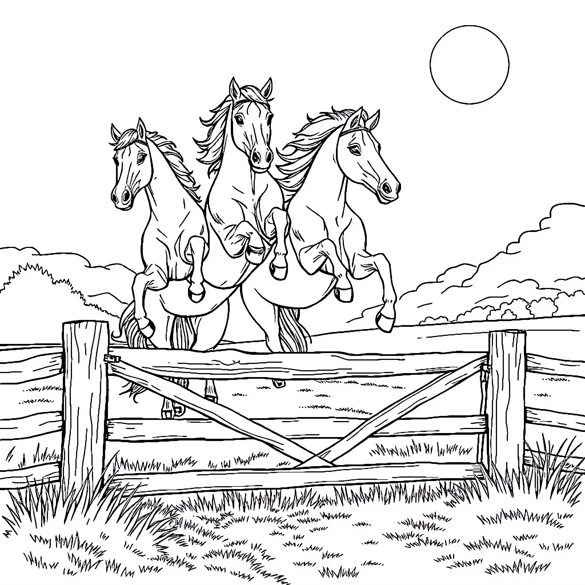 Horses leaping over a fence in a rural scene Coloring Page (free black-and-white line drawing printable PDF for all, from beginners to advanced learners, including children, teens, adults, and seniors)