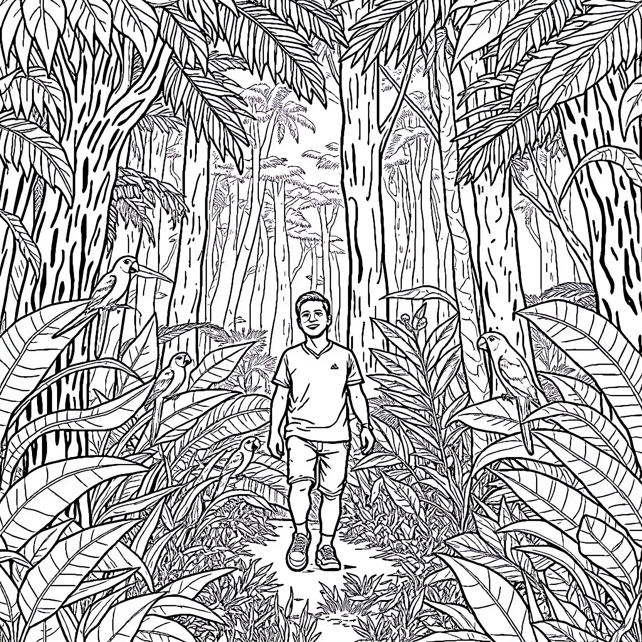 Cr7 exploring the lush tropical forest Coloring Page (free black-and-white line drawing printable PDF for all, from beginners to advanced learners, including children, teens, adults, and seniors)
