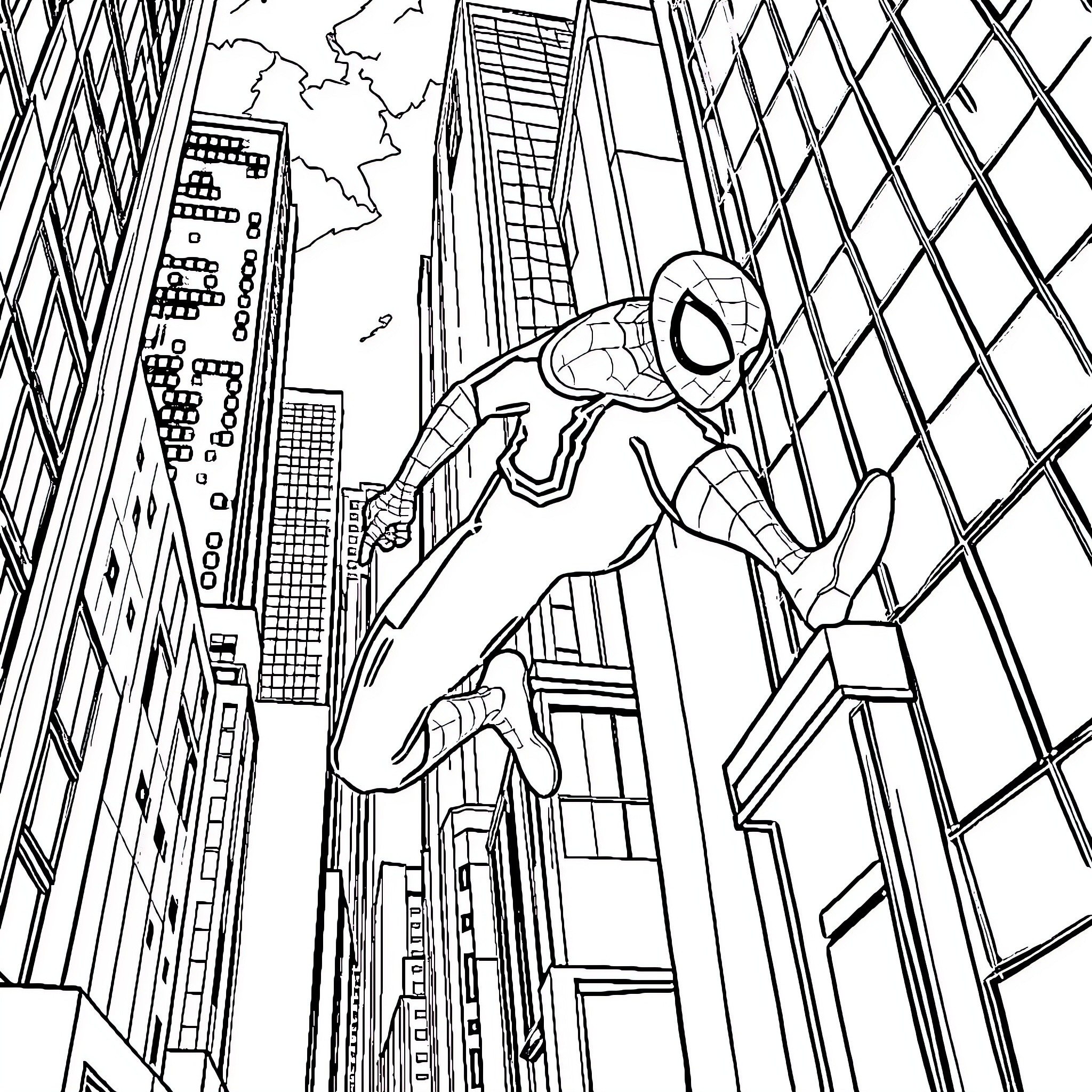 Spiderman scaling the skyscrapers of the city Coloring Page (free black-and-white line drawing printable PDF for all, from beginners to advanced learners, including children, teens, adults, and seniors)