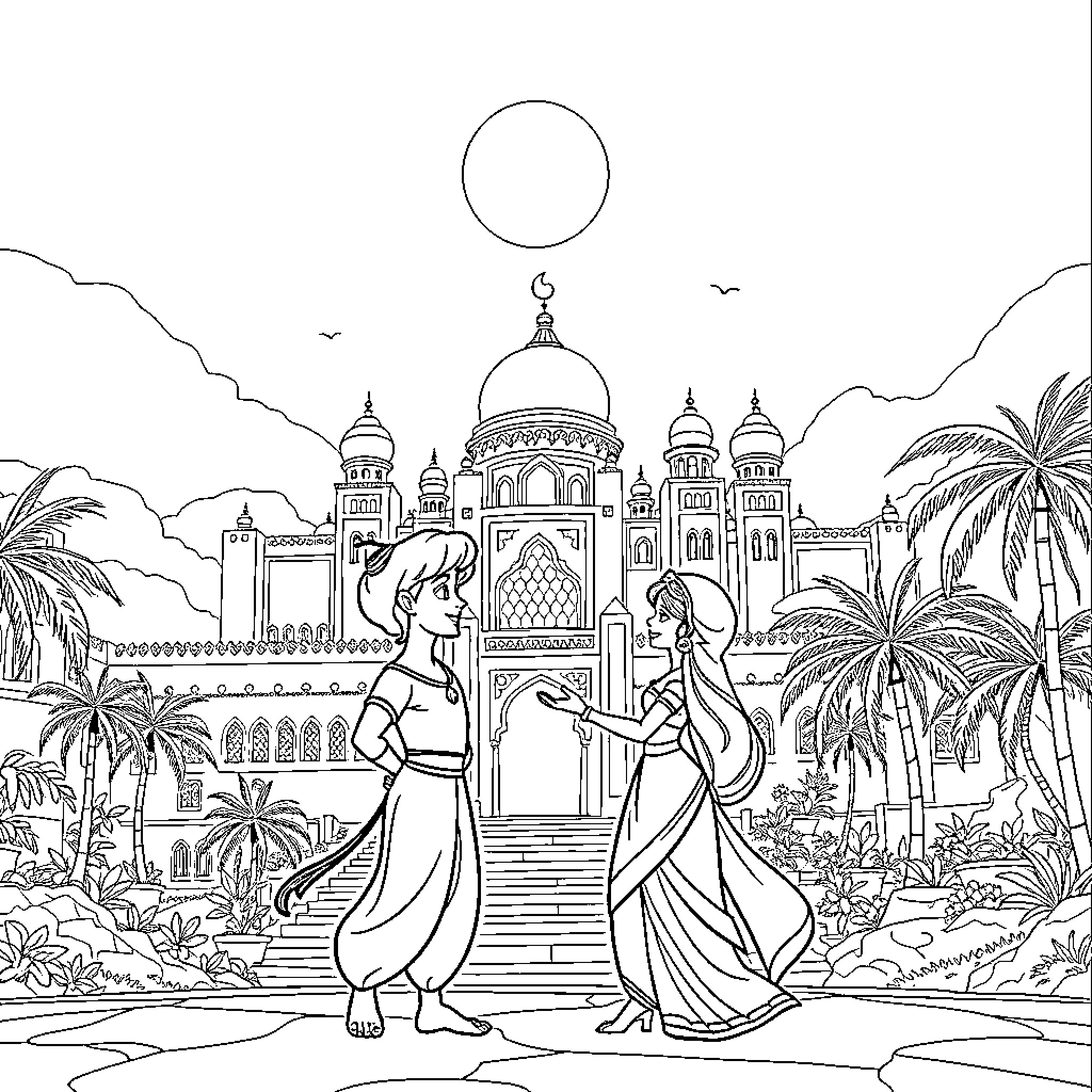 Aladdin and Jasmine exploring the palace gardens Coloring Page (free black-and-white line drawing printable PDF for all, from beginners to advanced learners, including children, teens, adults, and seniors)