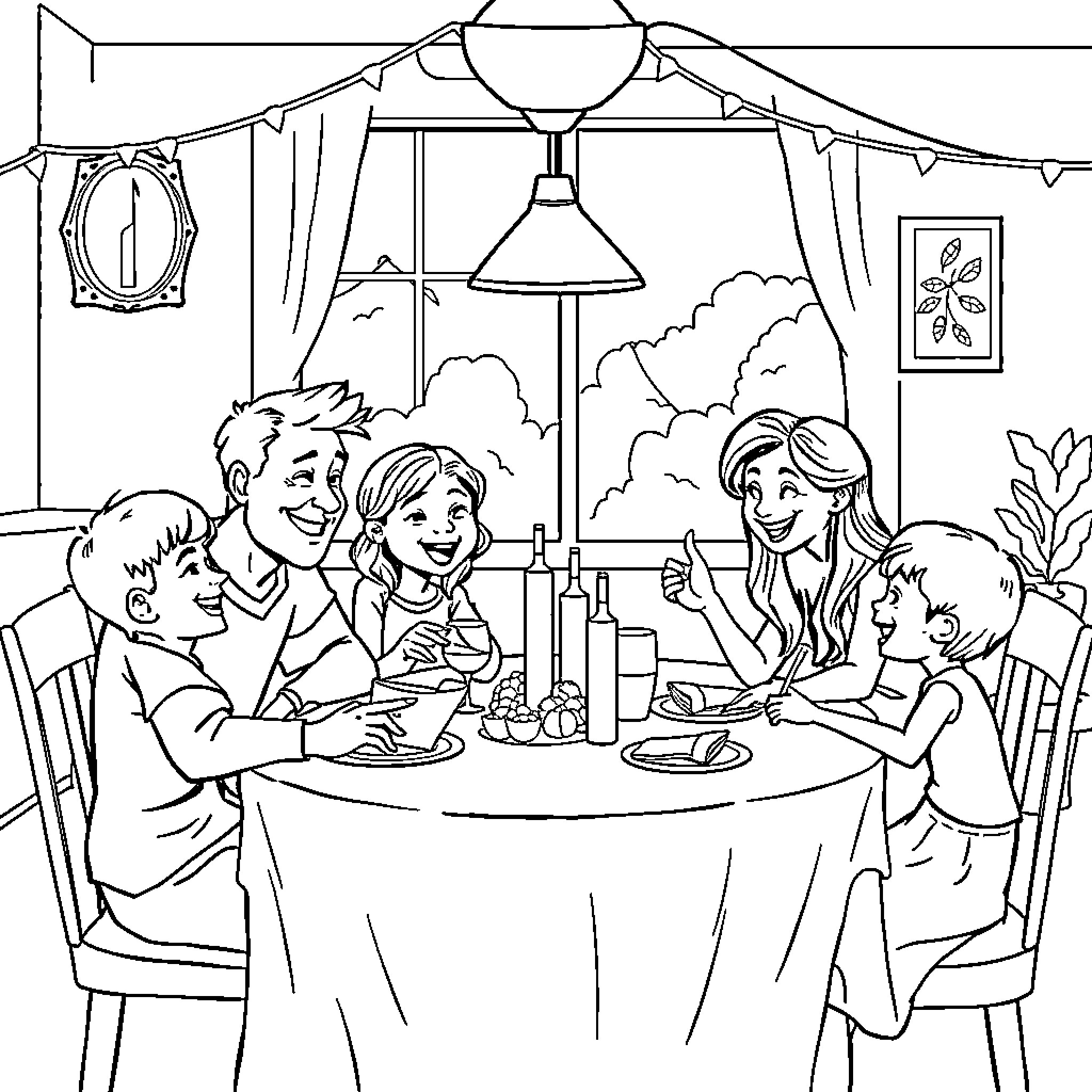 Family Enjoying a Meal Together in Cozy Setting Coloring Page (free black-and-white line drawing printable PDF for all, from beginners to advanced learners, including children, teens, adults, and seniors)