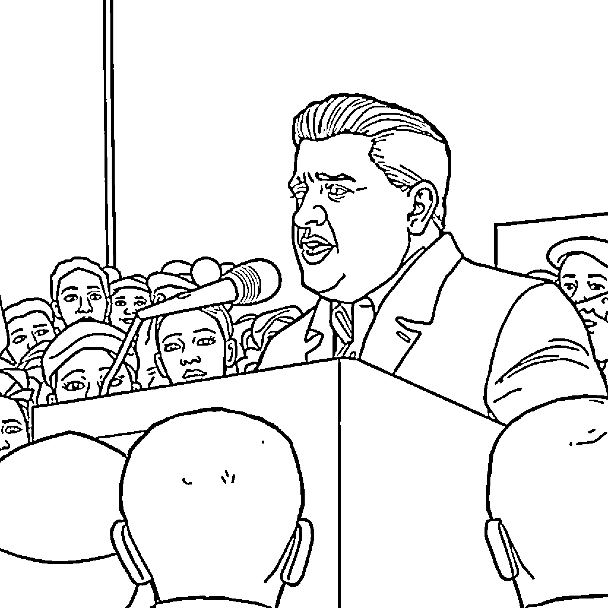Nicolás Maduro Addressing Crowd at Podium Coloring Page (free black-and-white line drawing printable PDF for all, from beginners to advanced learners, including children, teens, adults, and seniors)