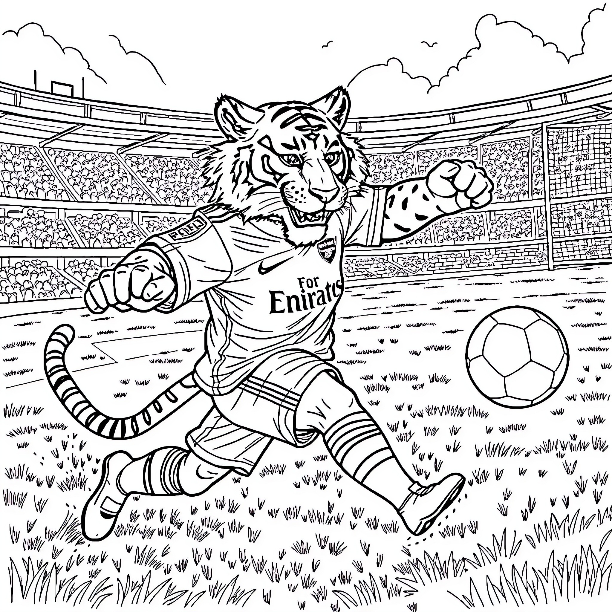 Tiger footballer in action on the pitch Coloring Page (free black-and-white line drawing printable PDF for all, from beginners to advanced learners, including children, teens, adults, and seniors)