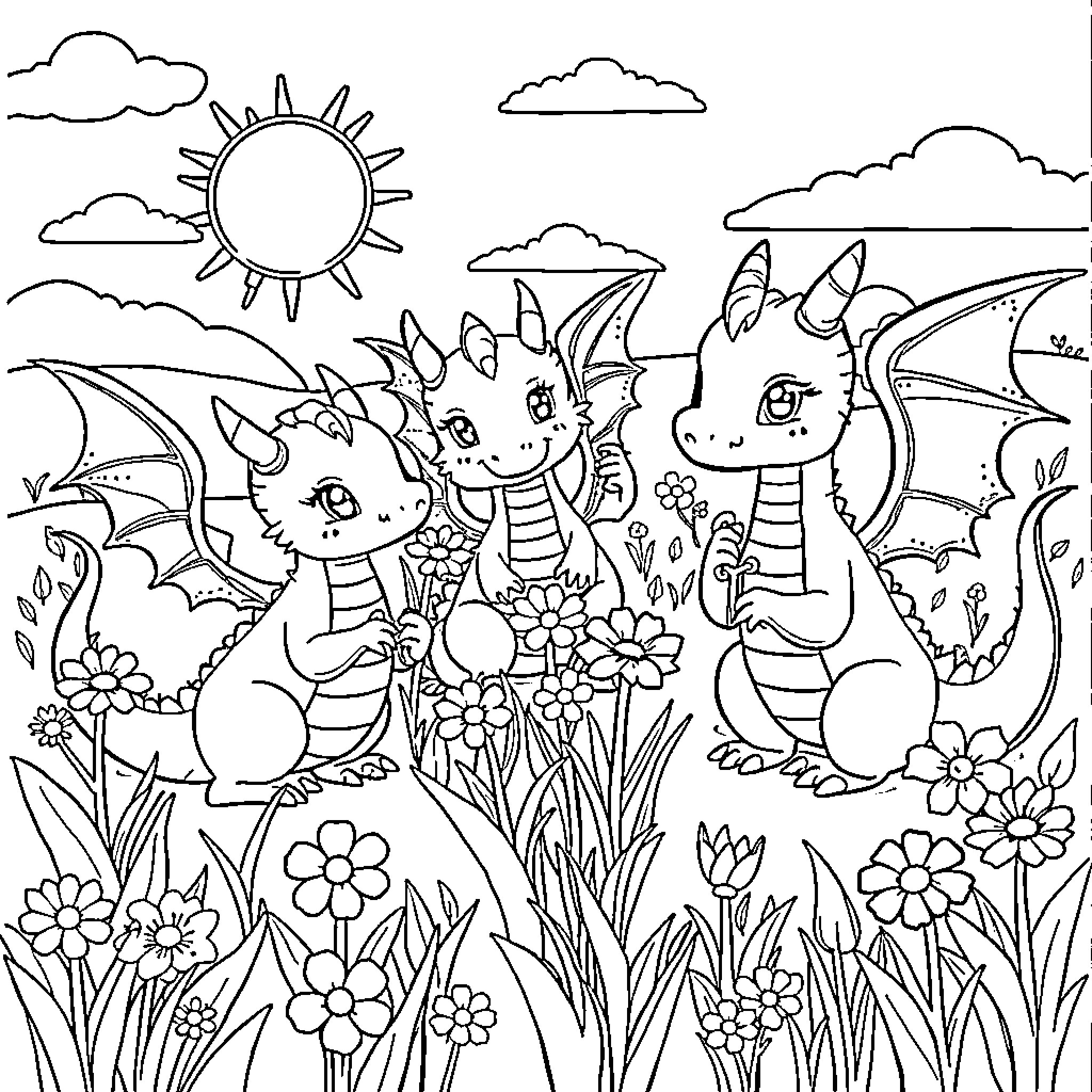 Dragon friends enjoying a sunny day outdoors Coloring Page (free black-and-white line drawing printable PDF for all, from beginners to advanced learners, including children, teens, adults, and seniors)