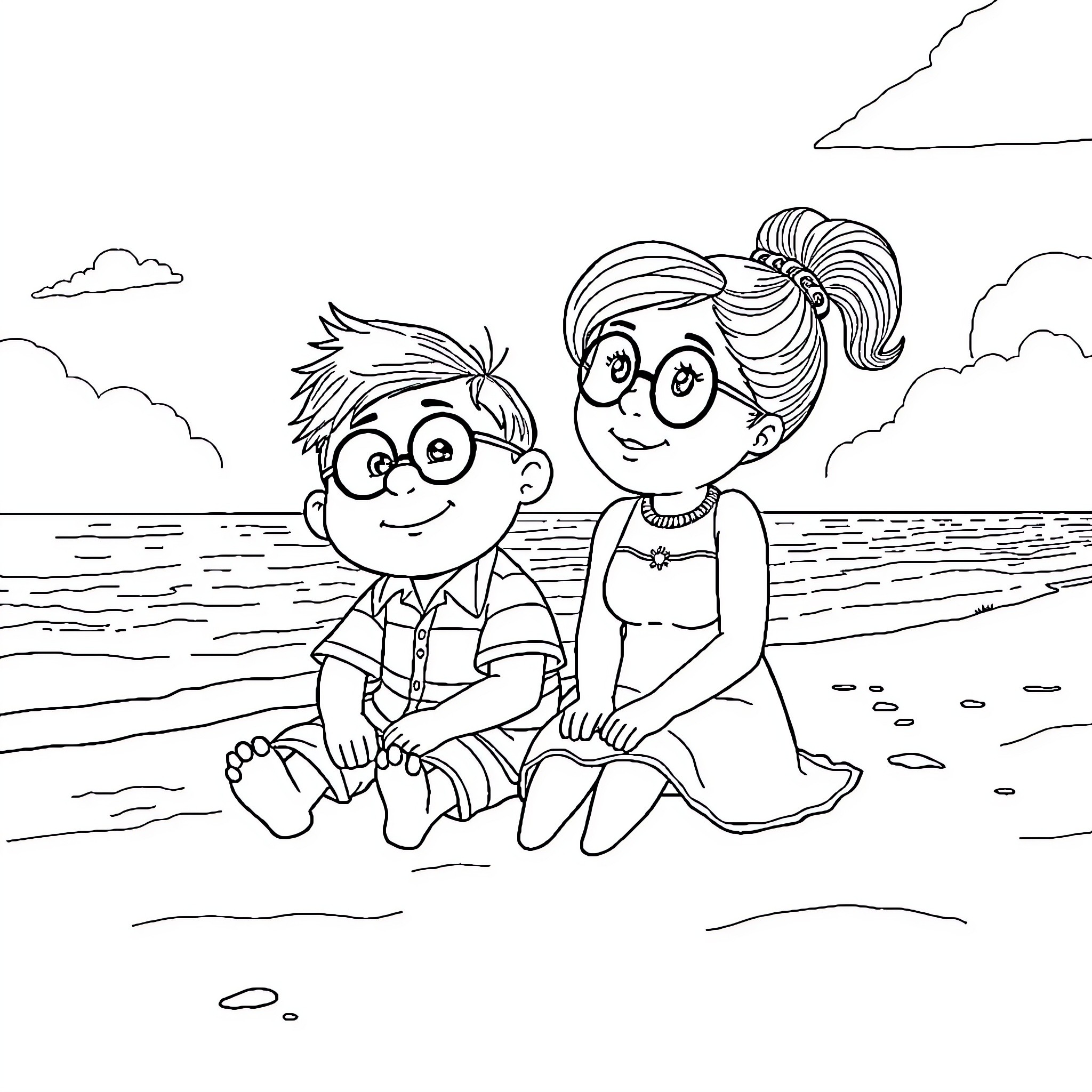 Carl and Ellie's Beachside Adventure Coloring Page (free black-and-white line drawing printable PDF for all, from beginners to advanced learners, including children, teens, adults, and seniors)