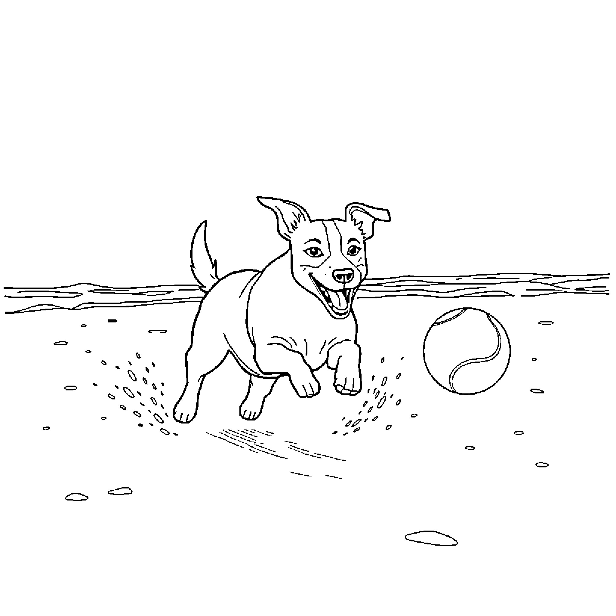 Jack Russell happily chasing a ball on the beach Coloring Page (free black-and-white line drawing printable PDF for all, from beginners to advanced learners, including children, teens, adults, and seniors)