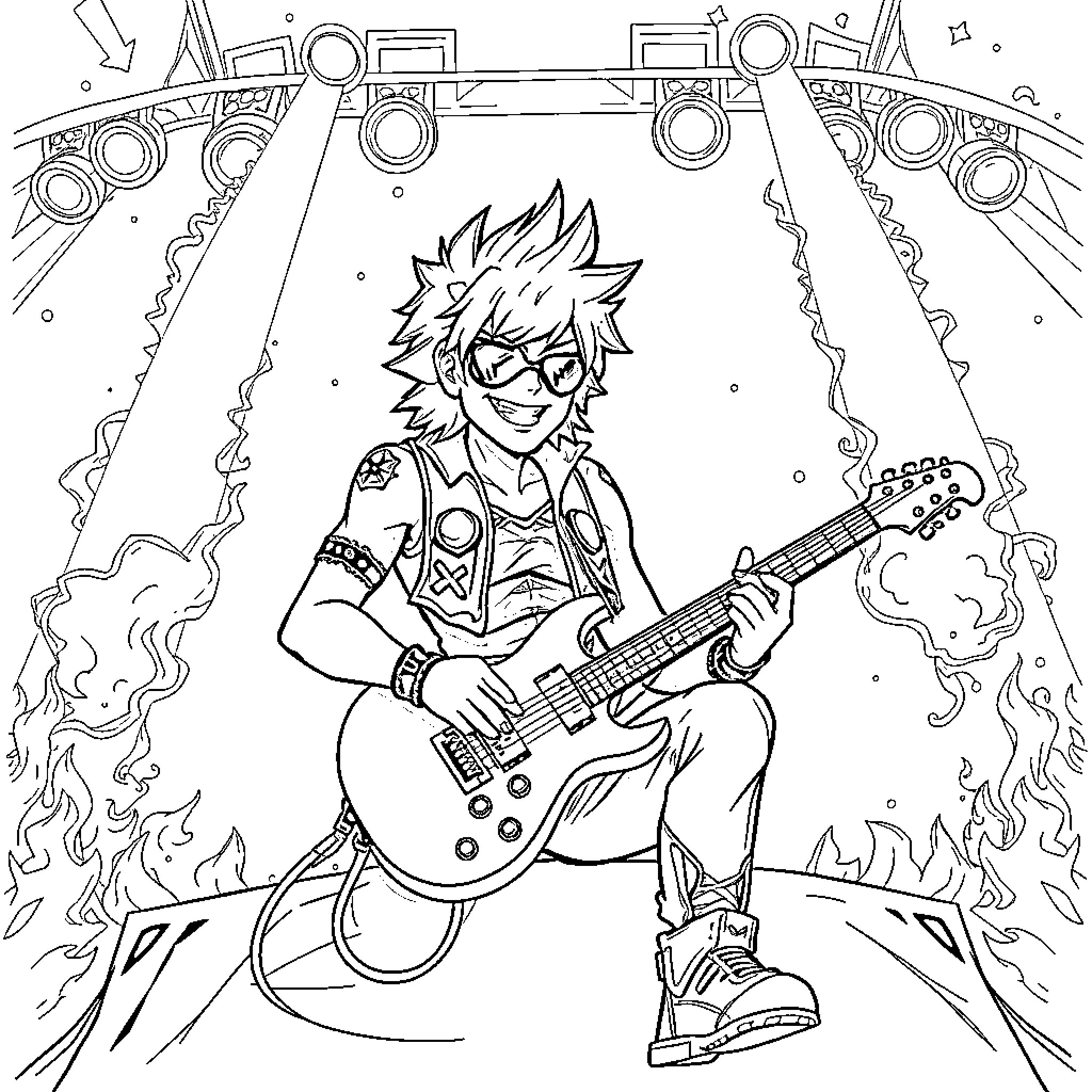 Ash rocking out on guitar at the concert Coloring Page (free black-and-white line drawing printable PDF for all, from beginners to advanced learners, including children, teens, adults, and seniors)