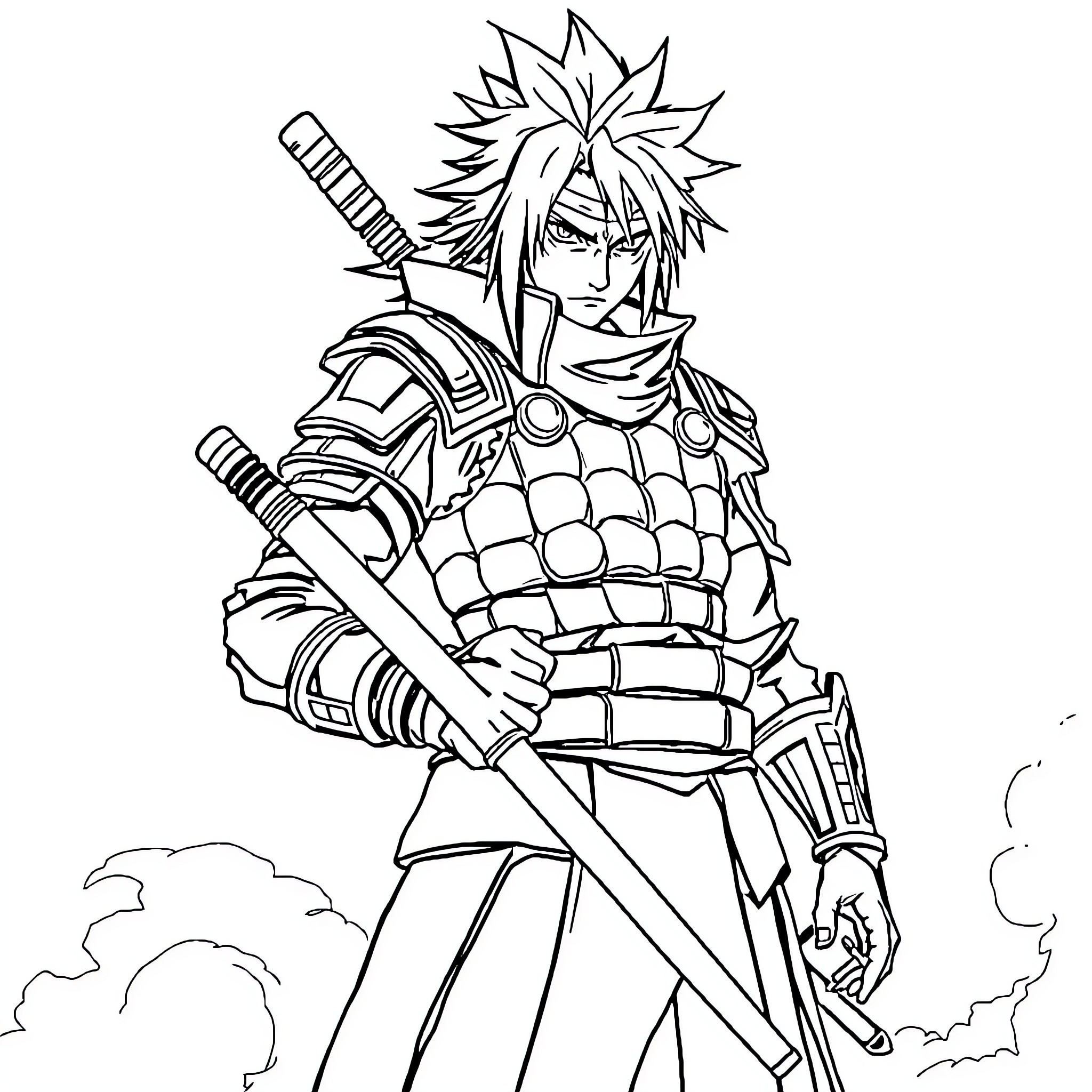 Madara, the Armored Warrior with Swords Coloring Page (free black-and-white line drawing printable PDF for all, from beginners to advanced learners, including children, teens, adults, and seniors)