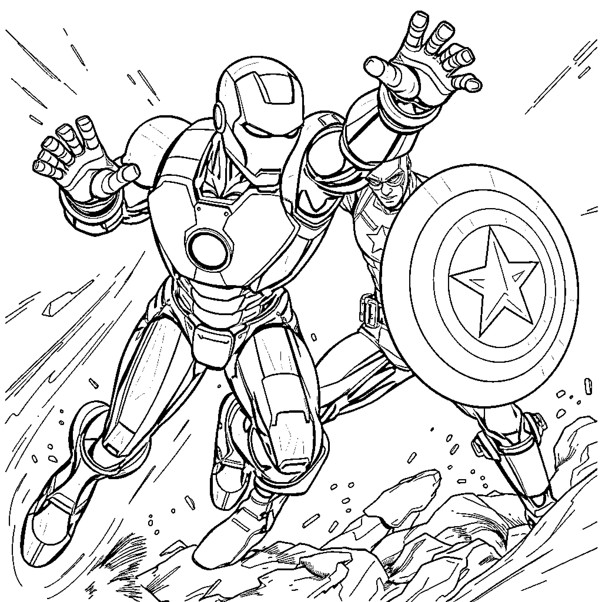 Ironman and Captain America in Action Coloring Page (free black-and-white line drawing printable PDF for all, from beginners to advanced learners, including children, teens, adults, and seniors)