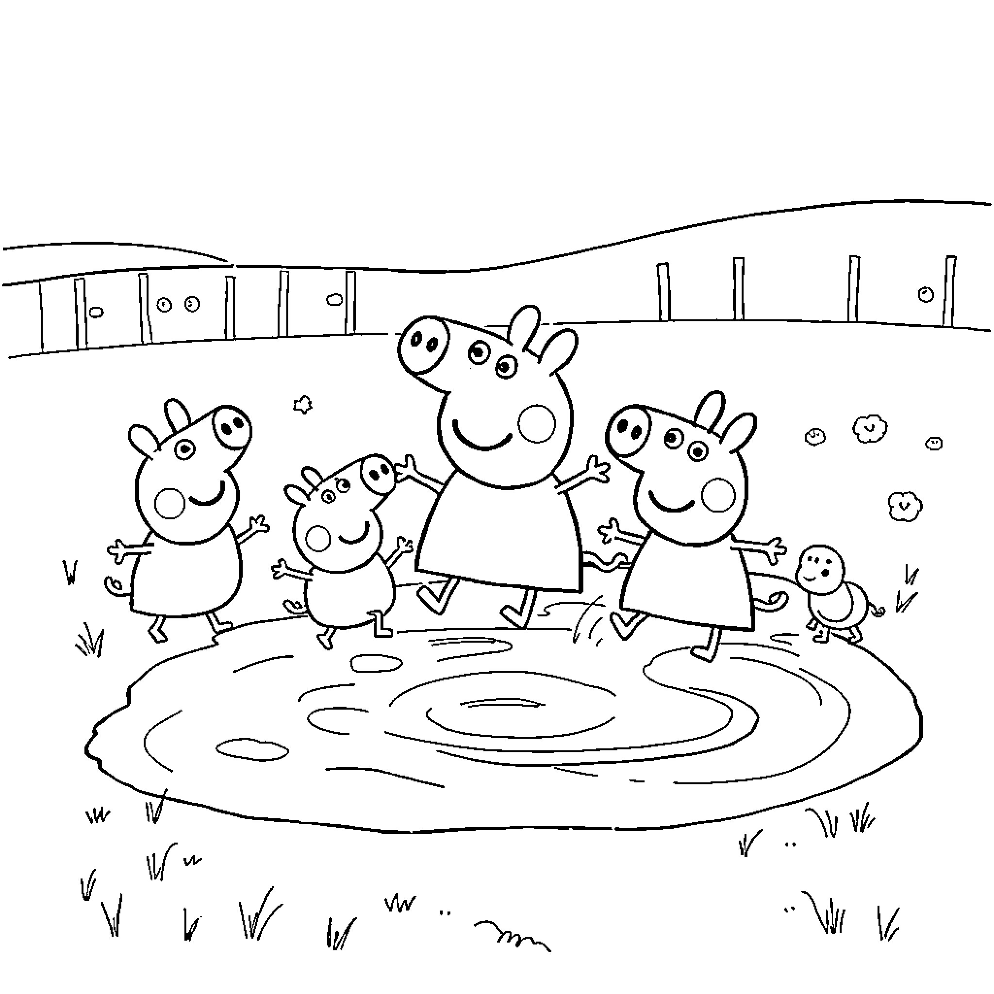 Peppa Pig family playing in a puddle Coloring Page (free black-and-white line drawing printable PDF for all, from beginners to advanced learners, including children, teens, adults, and seniors)