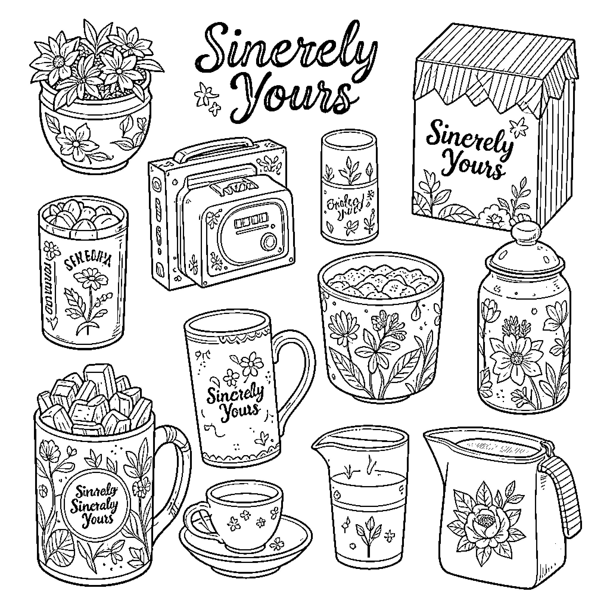 Product displaying various floral patterned kitchenware and decor Coloring Page (free black-and-white line drawing printable PDF for all, from beginners to advanced learners, including children, teens, adults, and seniors)