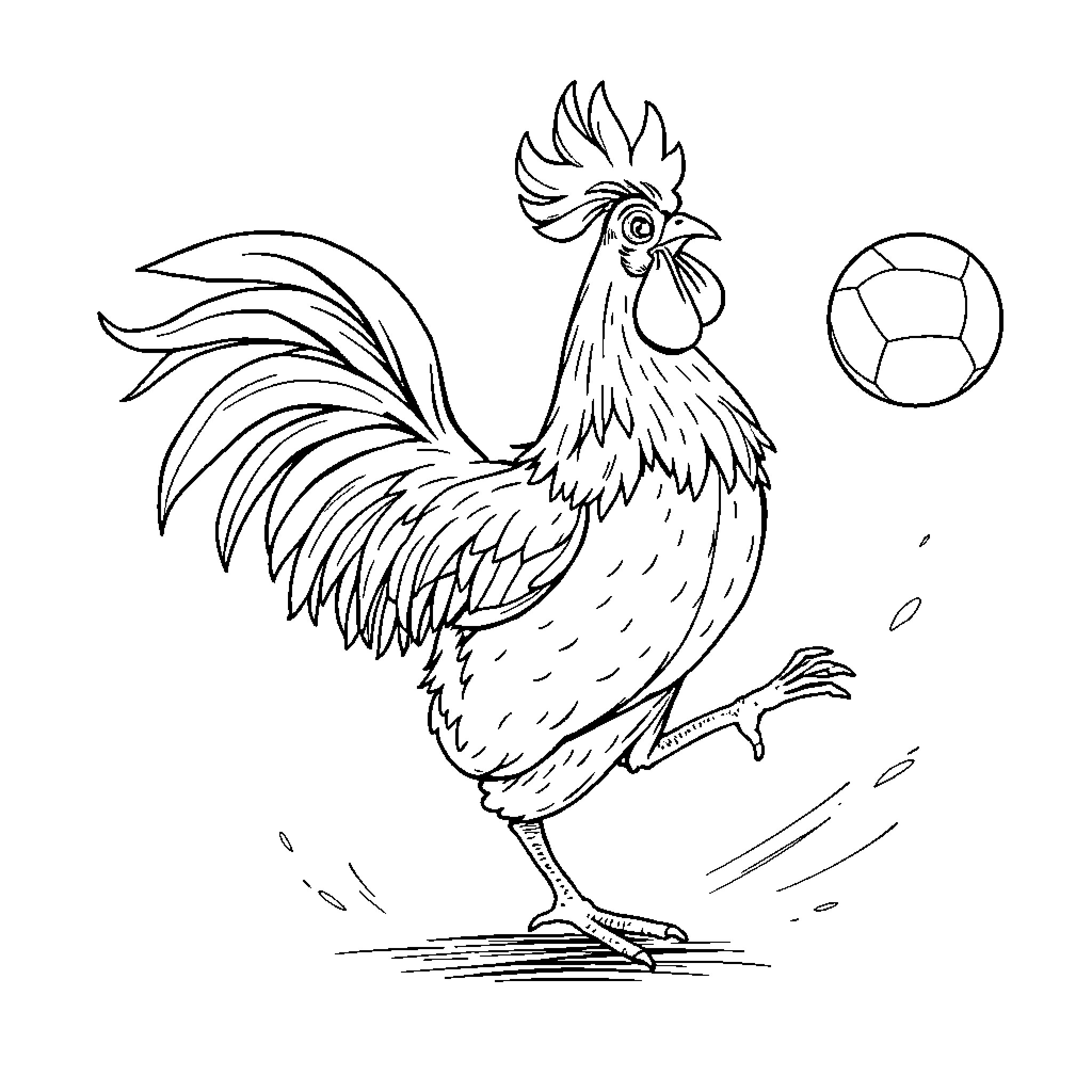 Rooster playing with a ball Coloring Page (free black-and-white line drawing printable PDF for all, from beginners to advanced learners, including children, teens, adults, and seniors)