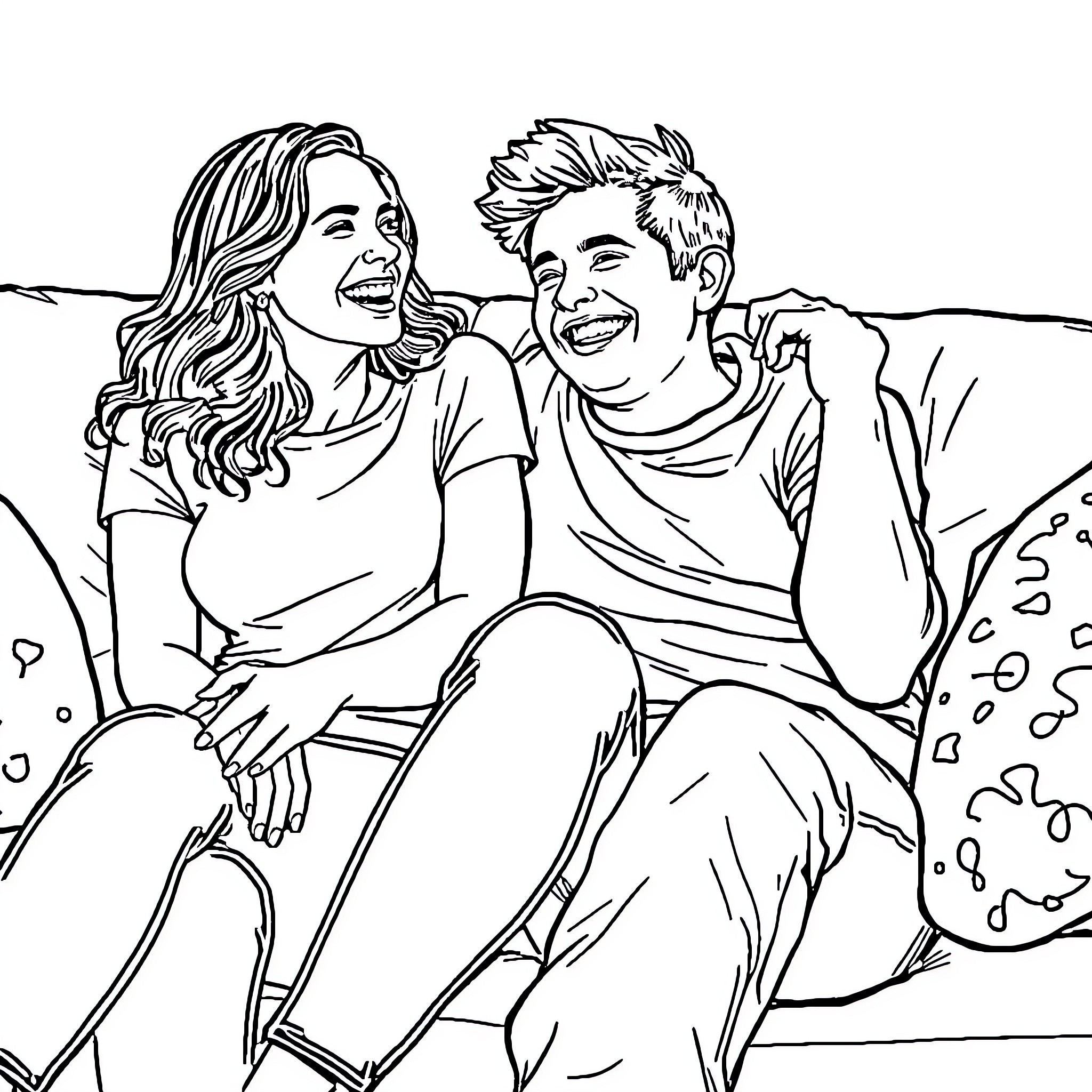 Jessica and Nick enjoying a playful moment together Coloring Page (free black-and-white line drawing printable PDF for all, from beginners to advanced learners, including children, teens, adults, and seniors)