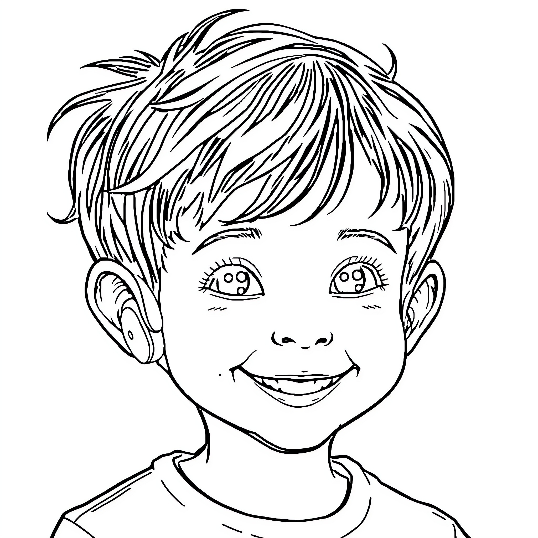 Boy with playful facial expression and messy hair Coloring Page (free black-and-white line drawing printable PDF for all, from beginners to advanced learners, including children, teens, adults, and seniors)
