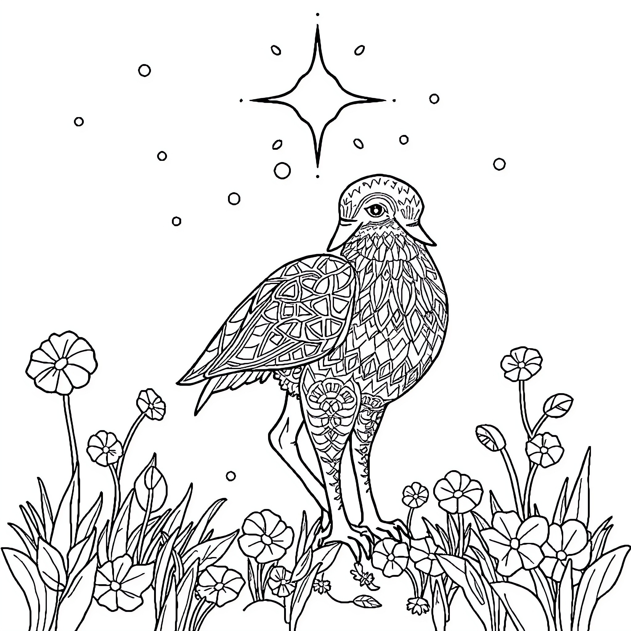 Geto-Dac Bird Amidst Floral Wilderness Coloring Page (free black-and-white line drawing printable PDF for all, from beginners to advanced learners, including children, teens, adults, and seniors)
