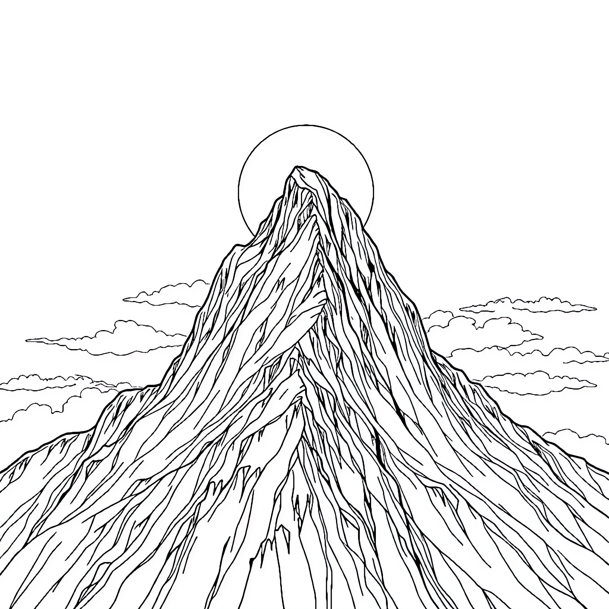 Mountain peak against cloudy sky Coloring Page (free black-and-white line drawing printable PDF for all, from beginners to advanced learners, including children, teens, adults, and seniors)