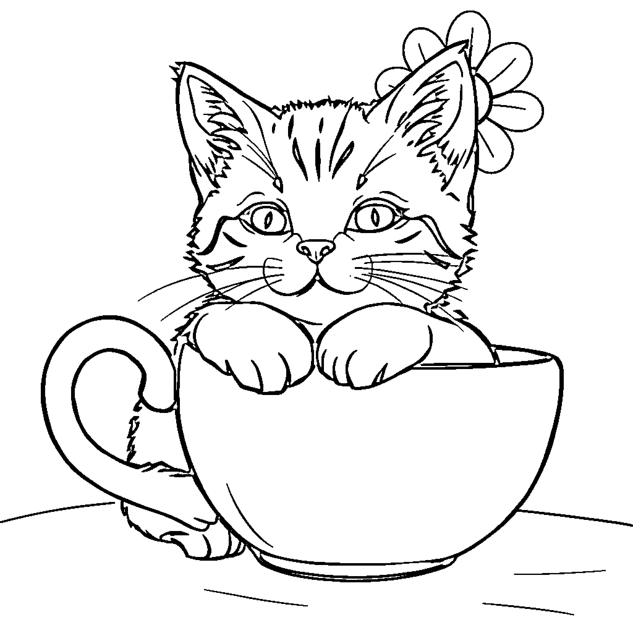 Cat peeking out from a teacup Coloring Page (free black-and-white line drawing printable PDF for all, from beginners to advanced learners, including children, teens, adults, and seniors)