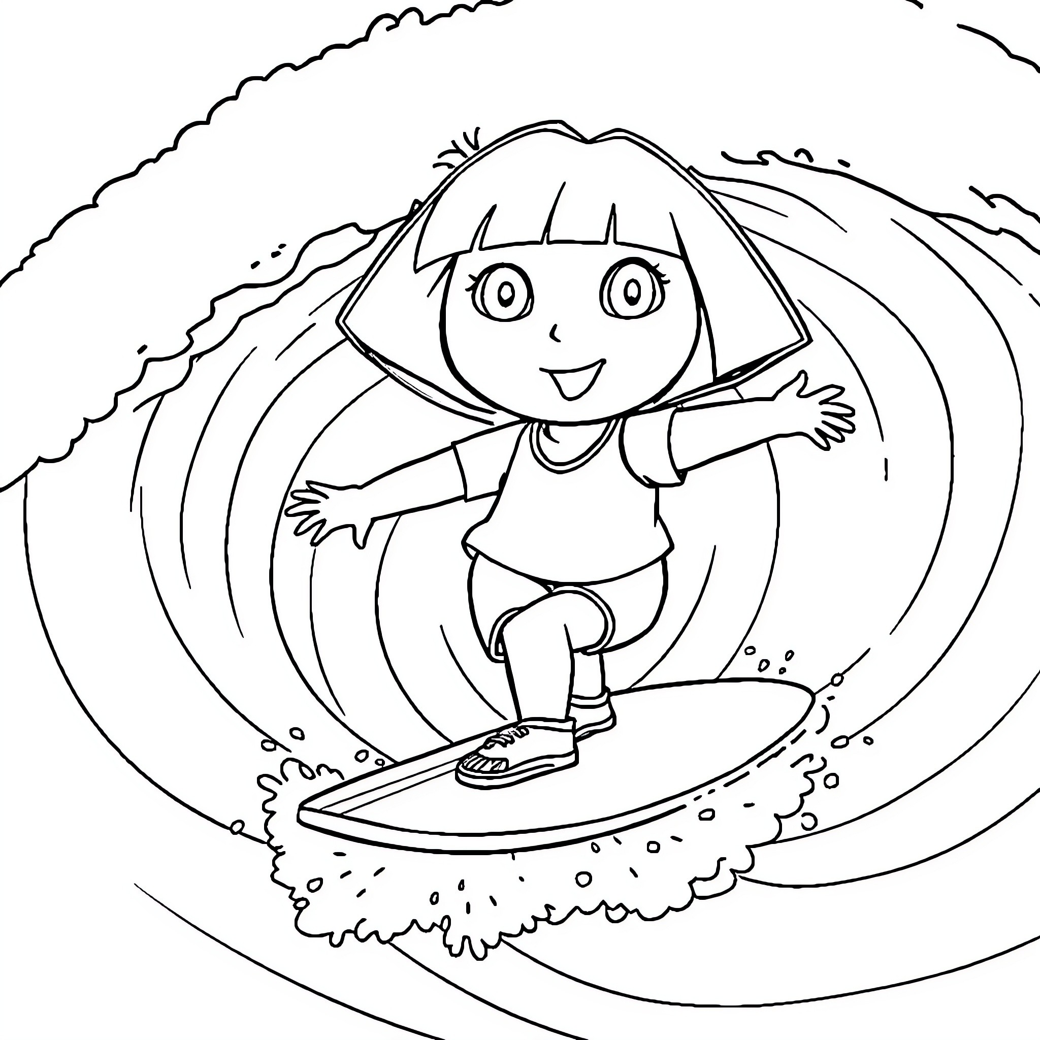 Dora surfing in the waves happily Coloring Page (free black-and-white line drawing printable PDF for all, from beginners to advanced learners, including children, teens, adults, and seniors)