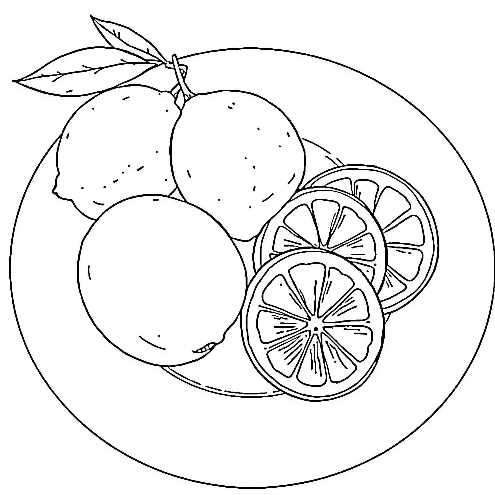 Lemon slices and whole lemons with leaves Coloring Page (free black-and-white line drawing printable PDF for all, from beginners to advanced learners, including children, teens, adults, and seniors)