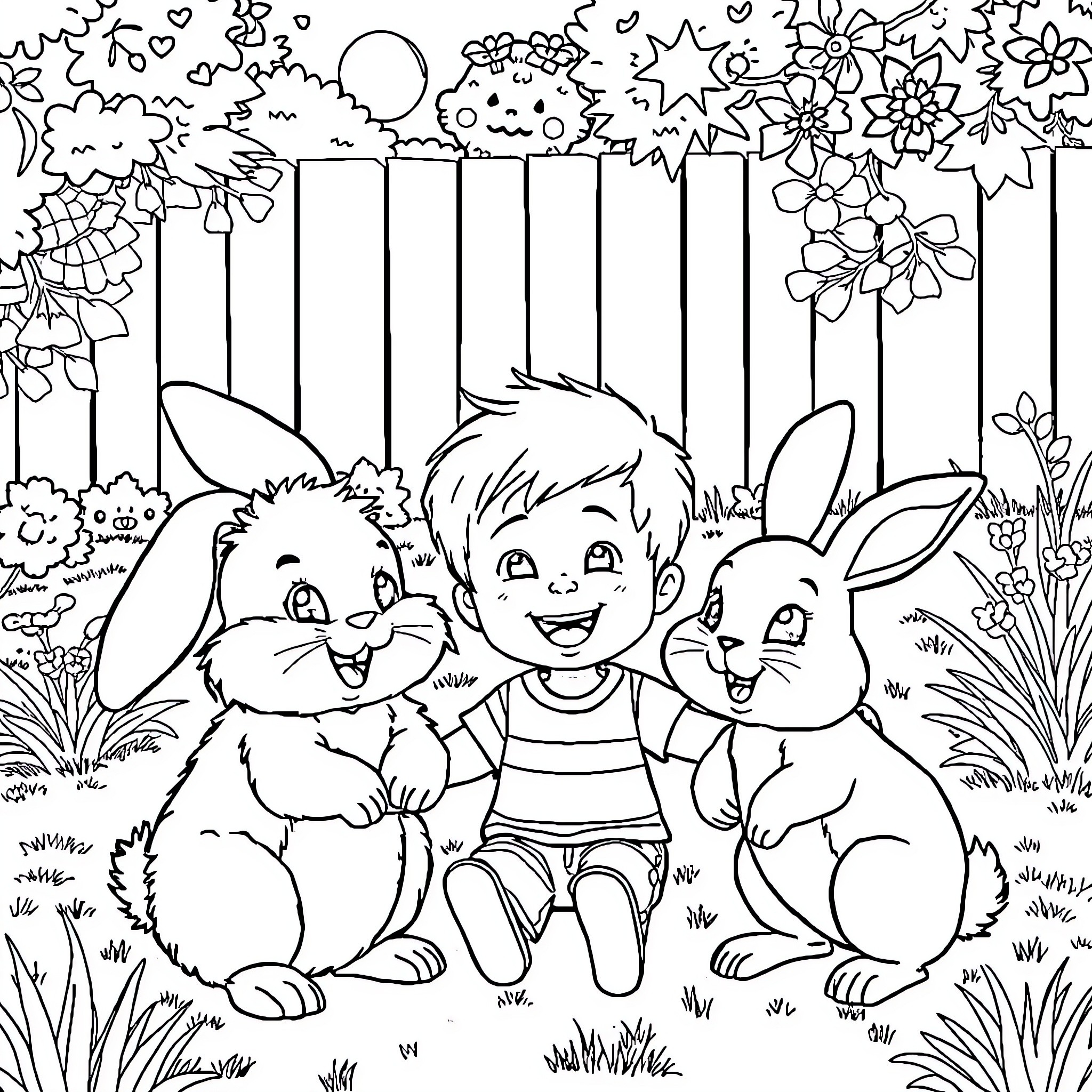 Rabbit friends playing together in the garden Coloring Page (free black-and-white line drawing printable PDF for all, from beginners to advanced learners, including children, teens, adults, and seniors)