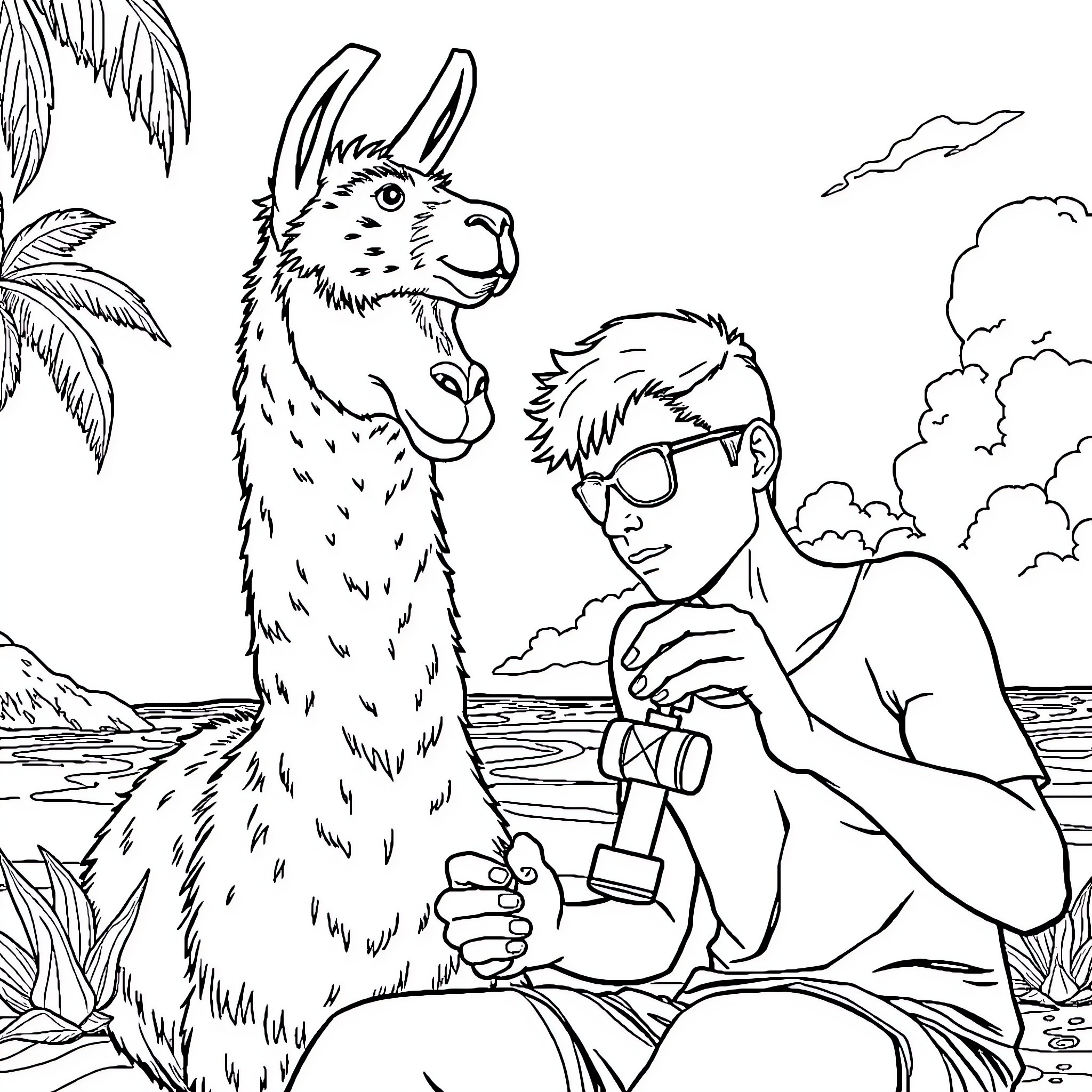 Guy petting friendly llama on tropical beach Coloring Page (free black-and-white line drawing printable PDF for all, from beginners to advanced learners, including children, teens, adults, and seniors)